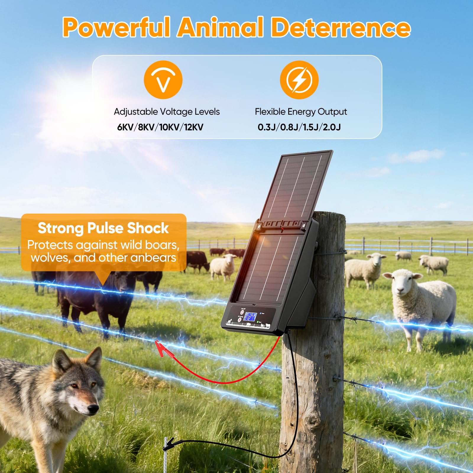 Kit de valla eléctrica con energía solar, 6-12 kV, voltaje ajustable, 0,3 – 2,0 J, batería de 18000 mAh, dos paneles solares de 10 W, alcance de 32 km, IP55 impermeable, para agricultura, jardín