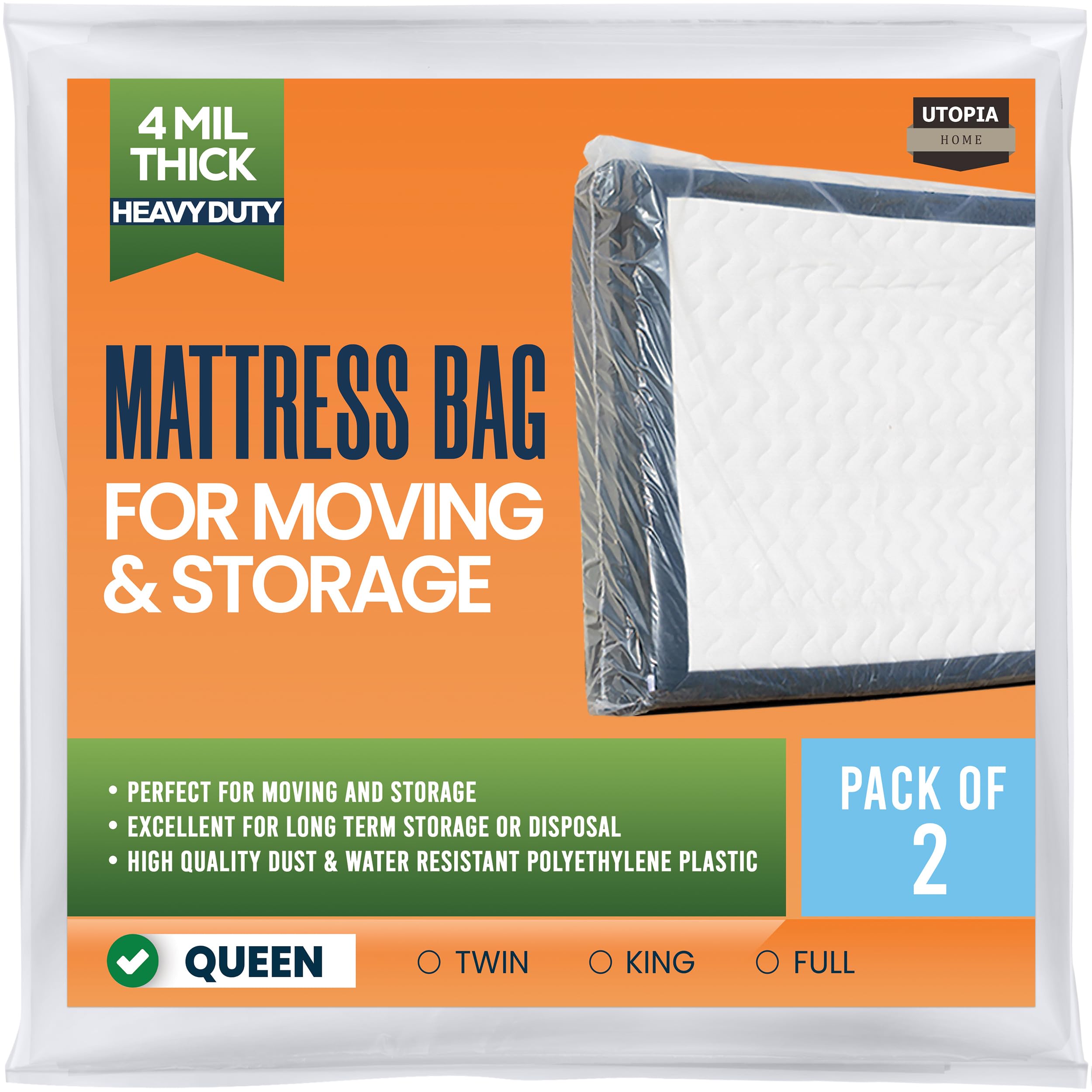utopia home queen size mattress bag for moving (2 pack), 4 mil heavy duty plastic storage bag, mattress encasement cover fits mattresses up to 14 inches