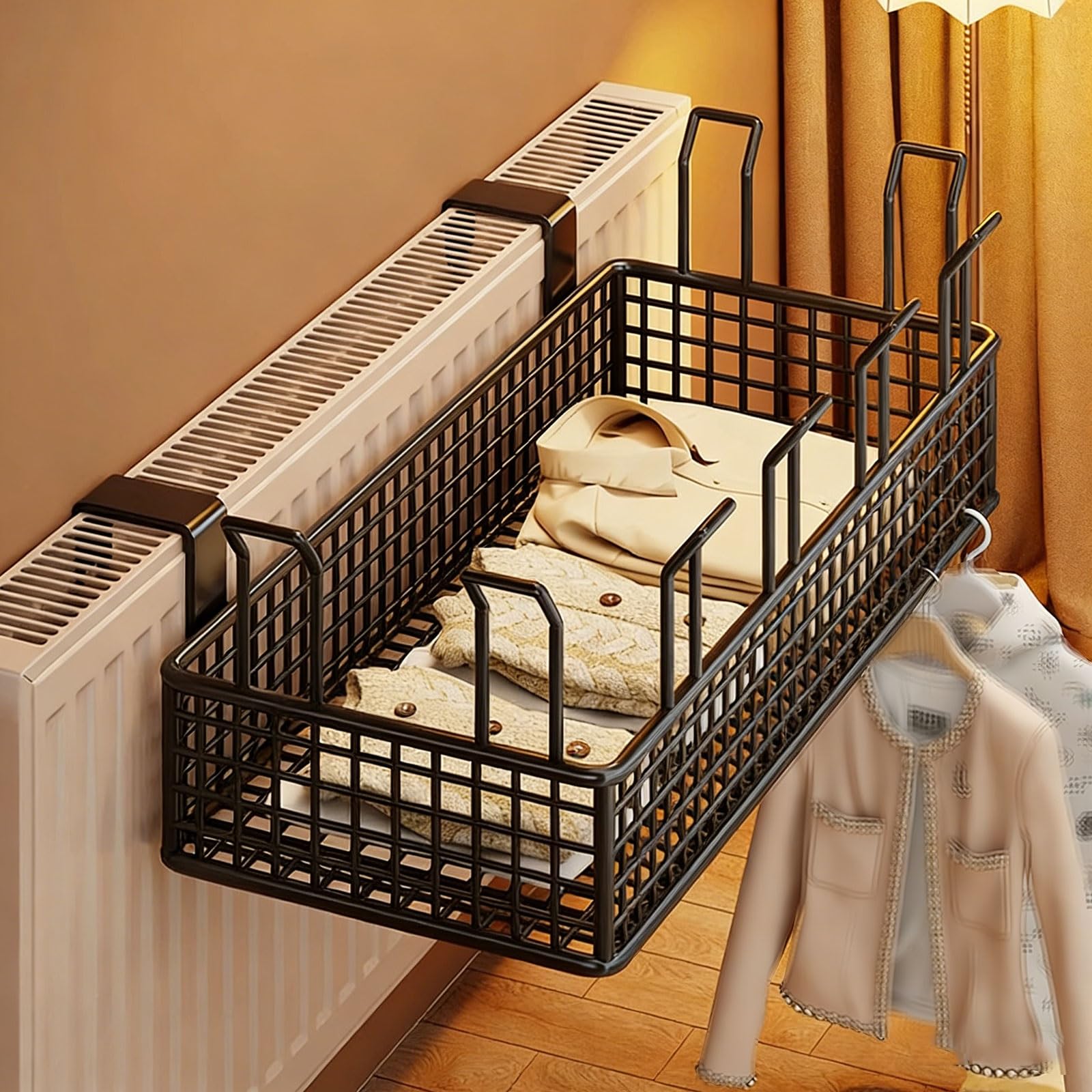 Pxamortel Black Floating Radiator Storage Shelf Rack Wrought Iron Hanging Radiator Shelf, White, Multiple Sizes, No Drill, Strong(,40X21x13cm)