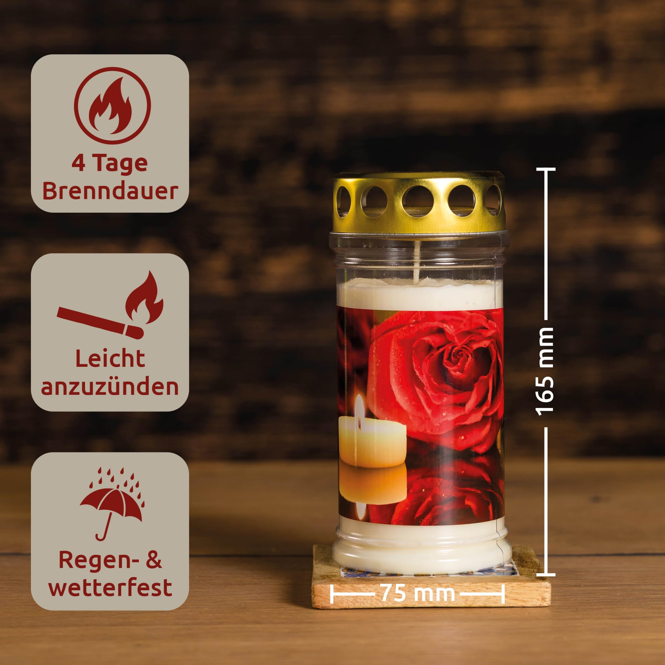 10er Set Grabkerzen 4 Tage Brenndauer | Rosenmotiv | Wetterfestes Grablicht mit Deckel | Trauerkerzen für Grab, Friedhof, Grabdekoration & Grabschmuck