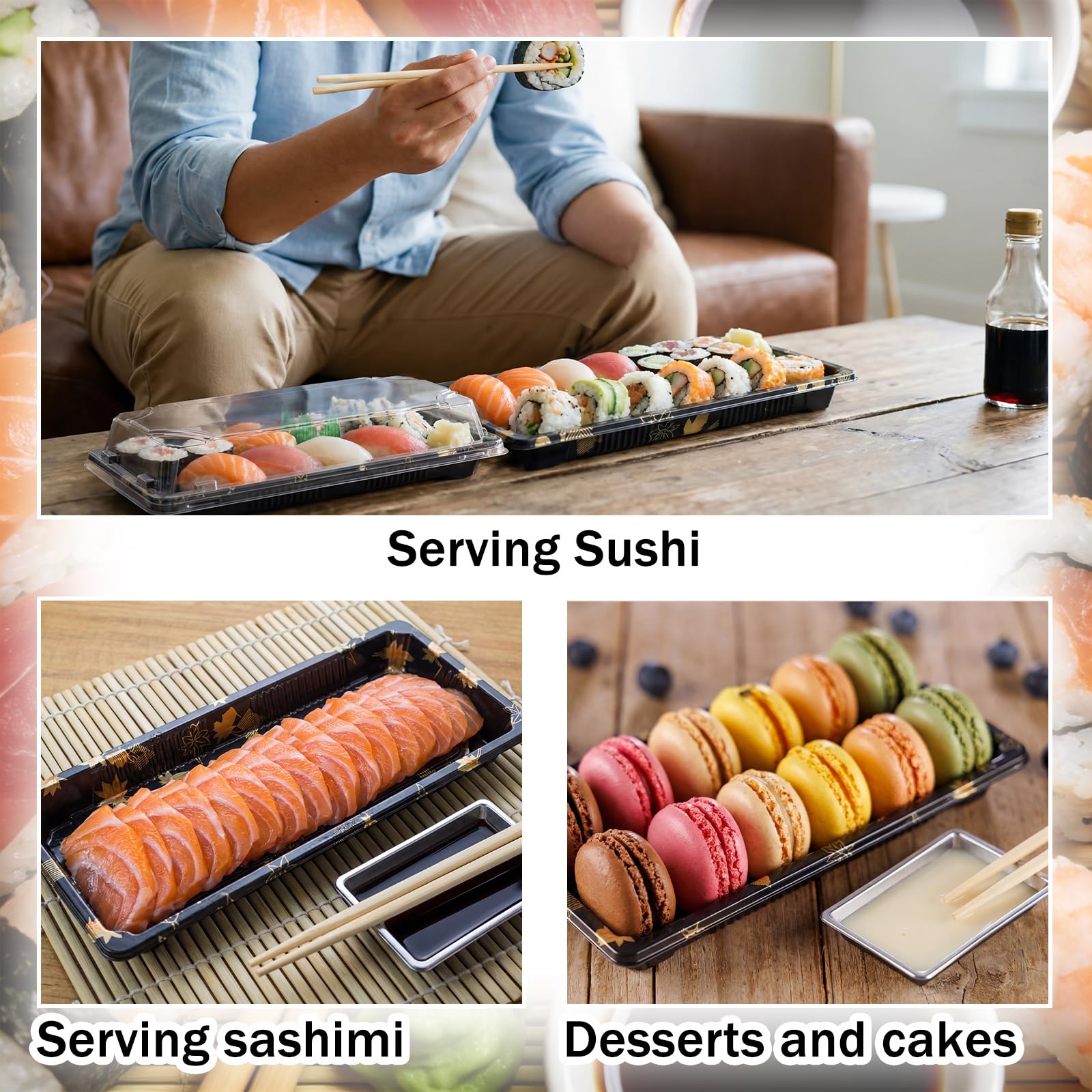 Confezione da 100 vassoi per sushi, include contenitori per sushi con coperchio, 100 paia di bacchette giapponesi in bambù, 100 piatti per salsa di soia, per hot dog, panini, patatine fritte