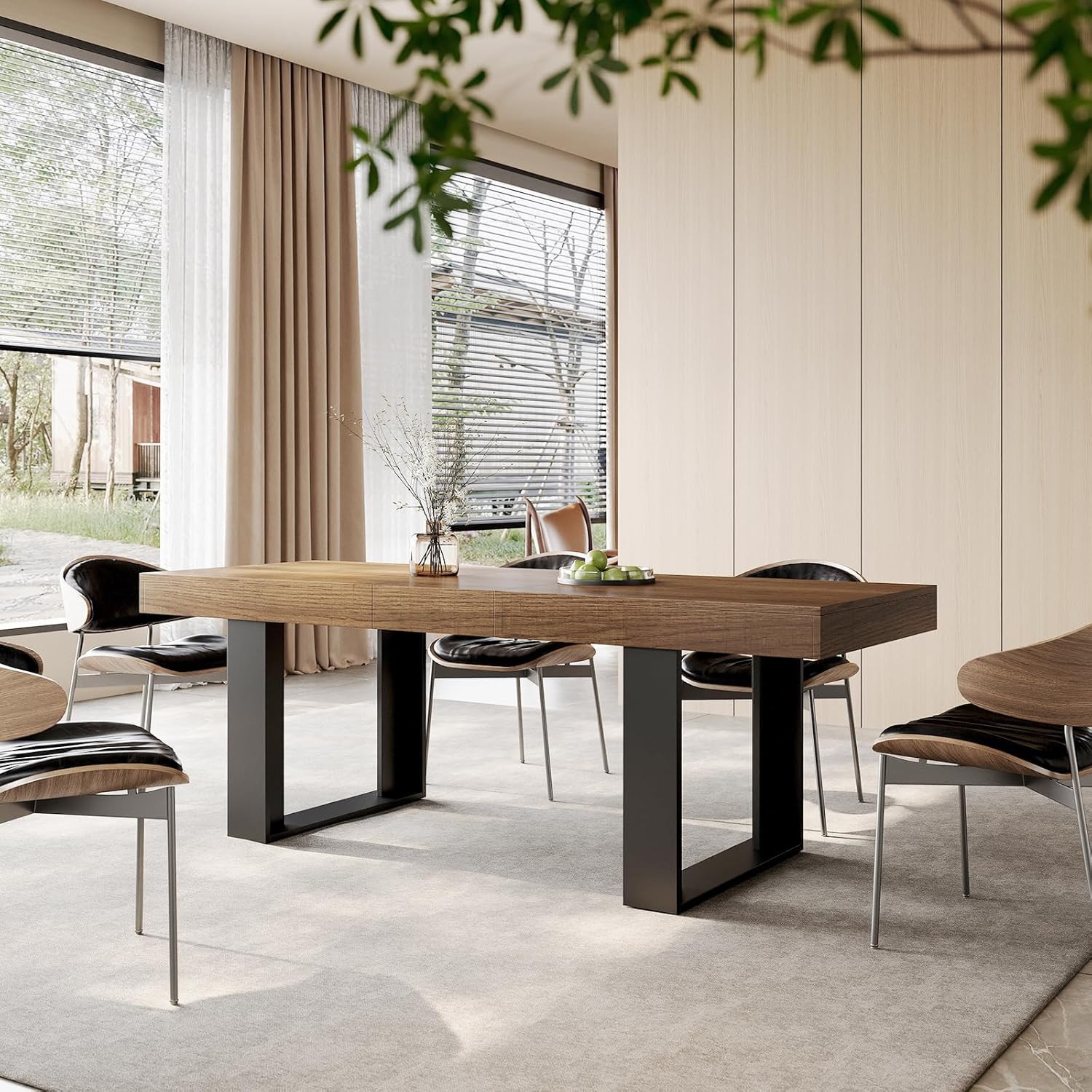 STHOUYN Farmhouse Rustic Extendable Dining Room Table for 8 10, 70.9" (86.6") x 31.5", Rectangular Dinner Table for 6-10, Mid Century Modern Expandable Retractable Wooden Kitchen Table (Brown)