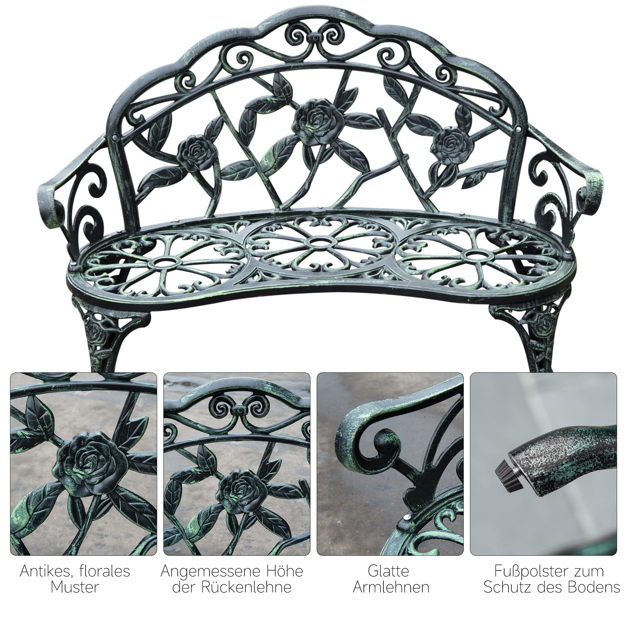 Outsunny Gartenbank 2-Sitzer aus Gussaluminium, Sitzbank im Retro Stil, Parkbank mit Blumenmuster, Balkonbank 240 kg belastbar, für Balkon Terrasse, Garten, 100 x 54 x 78 cm, Antik Grün
