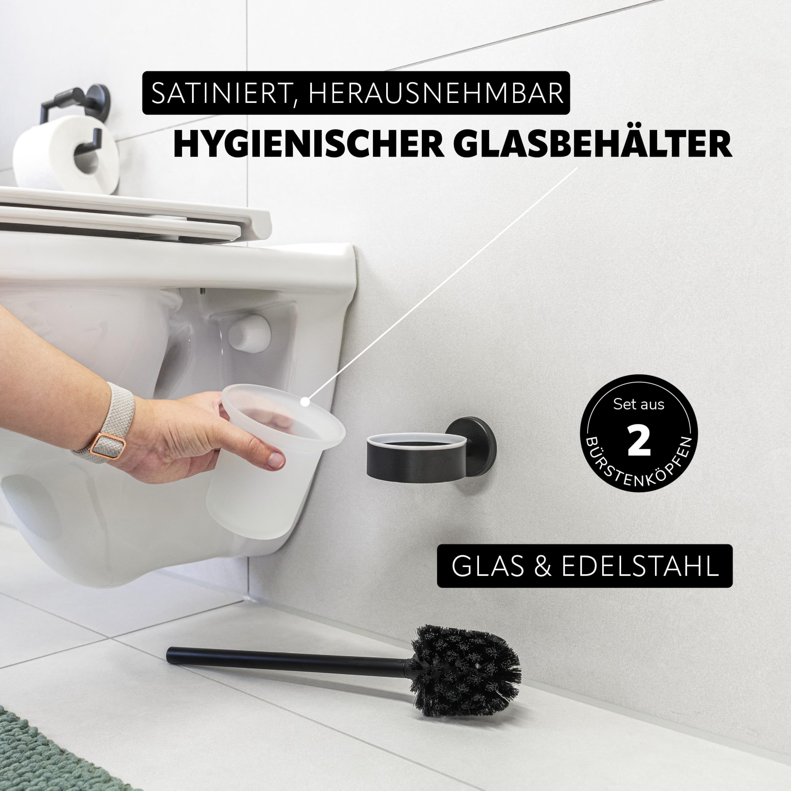 bremermann Bad-Serie Piazza Black - Badezimmer Zubehör-Set 2tlg. bestehend aus 1x Toilettenpapierhalter und 1x WC-Garnitur inkl. 1 Ersatzbürstenkopf, WC-Rollenhalter, aus Edelstahl schwarz