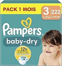 Pampers Baby-Dry, Taille 3, 222 Couches, 6-10kg, Une nuit jusqu'à 100% sans fuites avec la Poche Stop & Protect à l’arrière de la couche, Pack 1 Mois