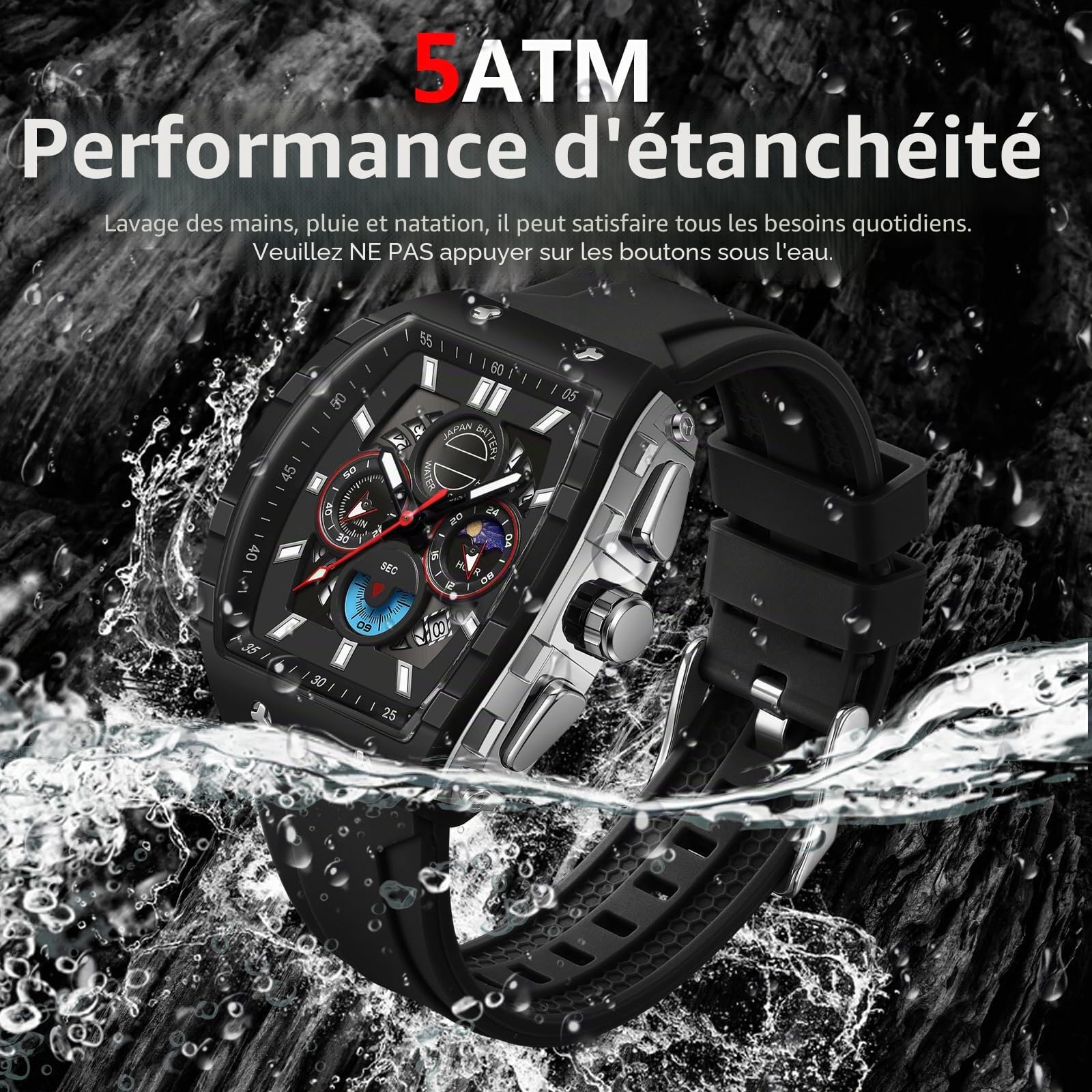 findtime Grande Écran Montre Rectangulaire Homme Militaire Tactique de Sport Analogique à Quartz Grand Cadran 5ATM, Alarme Rétroéclairage Montre Étanche Bracelet Respirant et Confortable