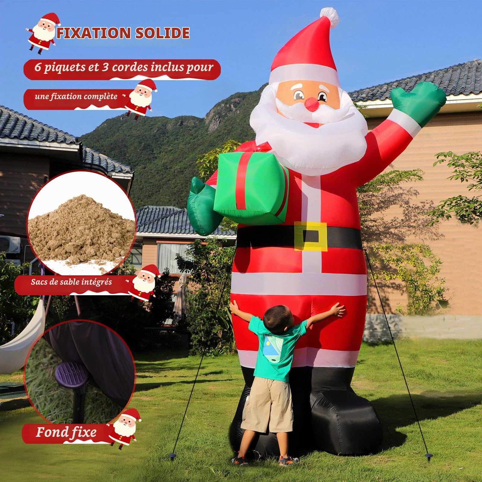 Omdekor Bonhomme de Neige Gonflable 300 cm avec Gants Verts, décoration Gonflable de Noël avec LED, IP44, Deco Noel Gonflable pour Jardin Avant, avec Sacs de Sable