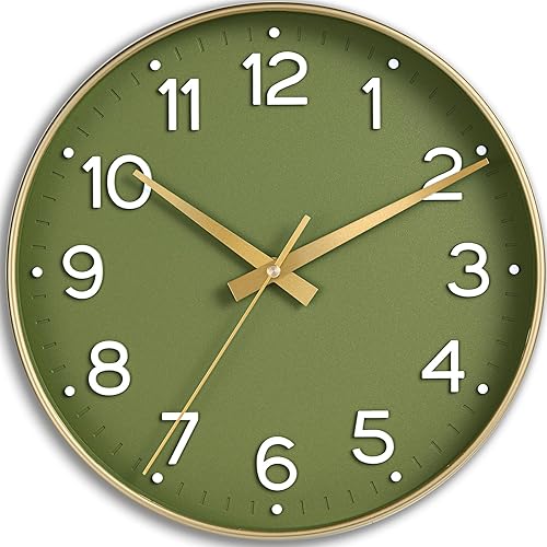 Wall Clock Green-Silent Wall Clocks Battery Operated 8 Inch-Modern Non Ticking Analog Clock Decorative for Kitchen Office Bathroom Bedroom(Gold)