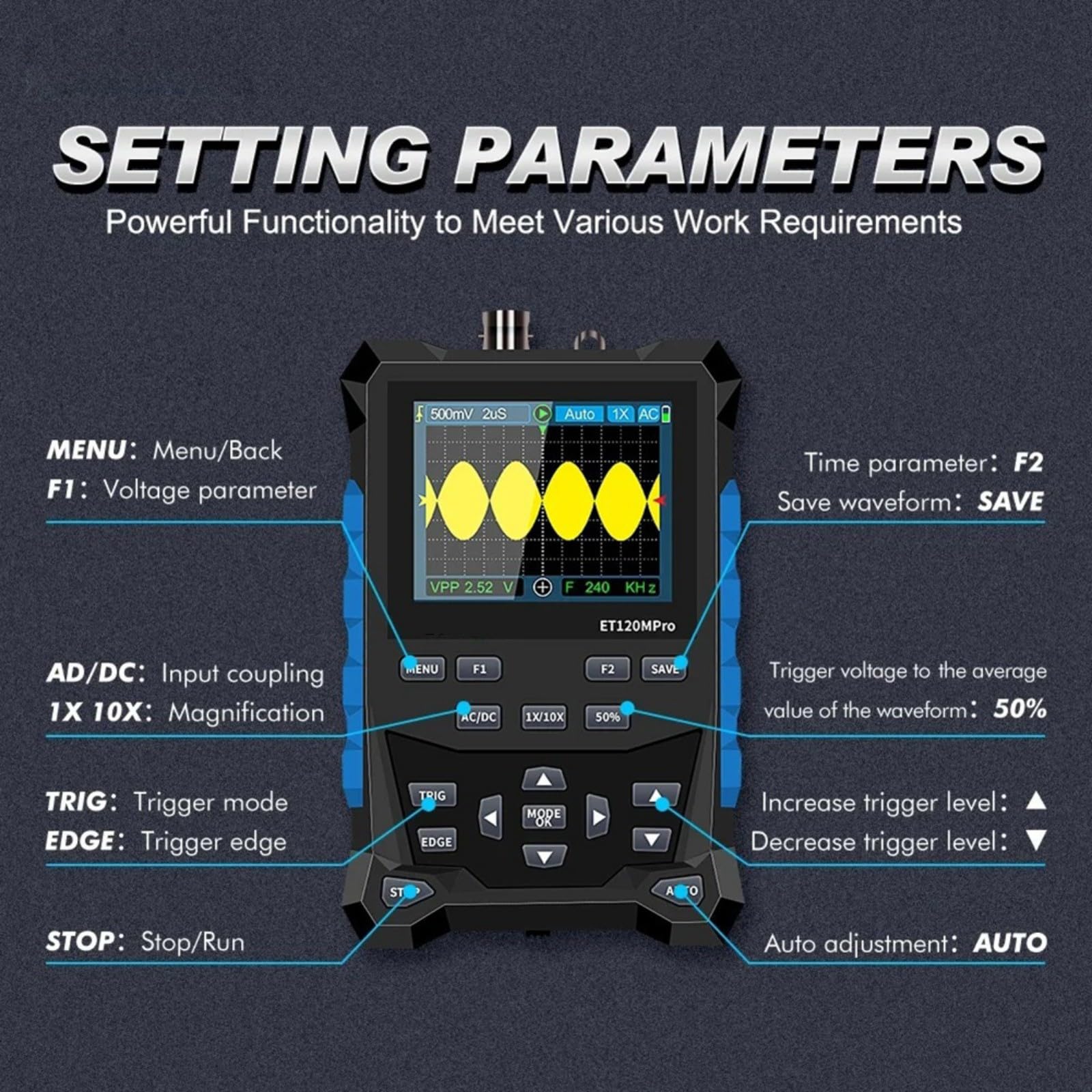 ET120MPro, oscilloscopio digitale 120 MHz 500 MS/s con sorgente di segnale 3 MHz, tester automobilistico 2 in 1 per diagnostica auto, istruzione e laboratorio, design portatile con batteria