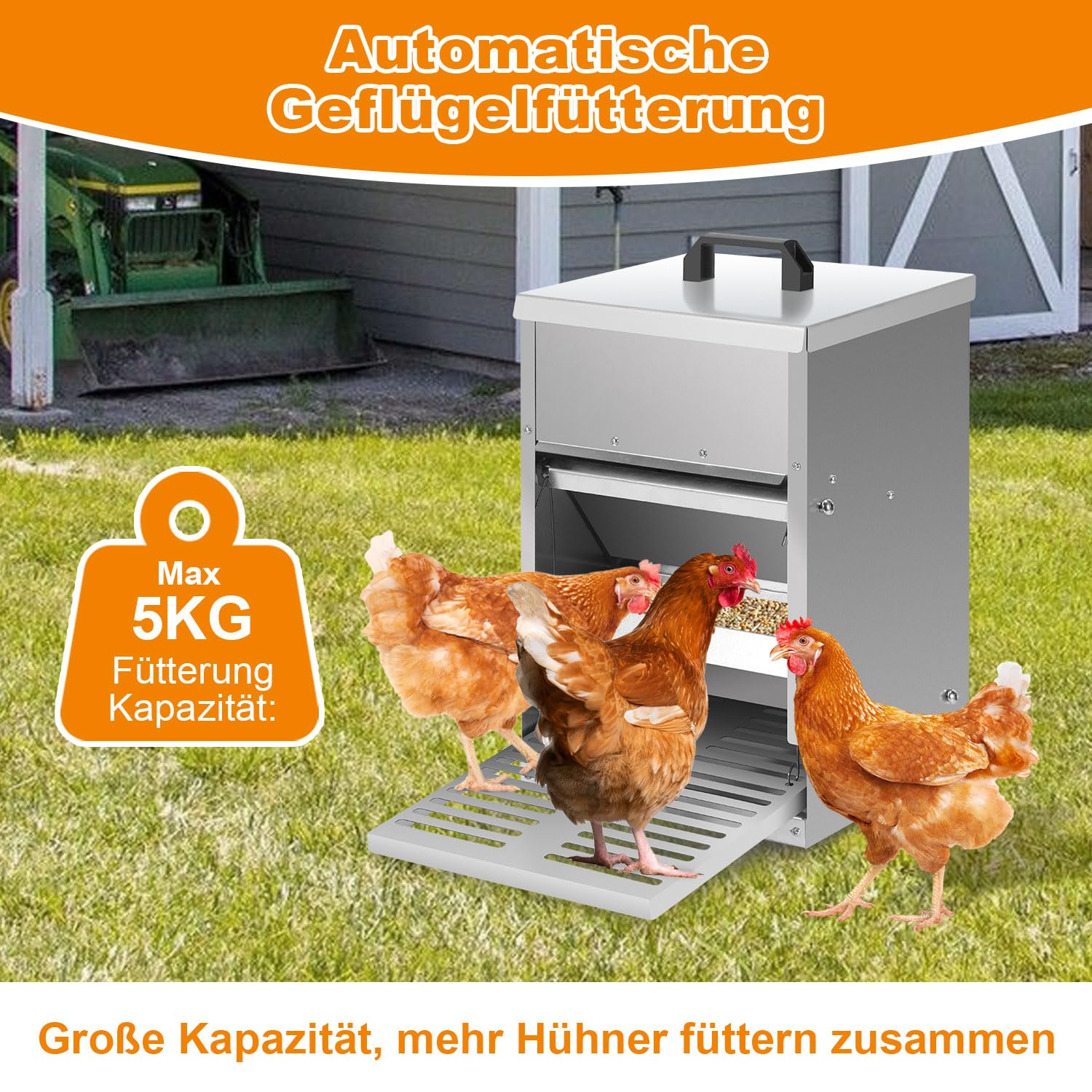 3 comederos automáticos para pollos con placa de estribo, tapa, 5 kg galvanizado, comedero para pollos, resistente al agua, comedero para gallinas, accesorio ideal para gallinas