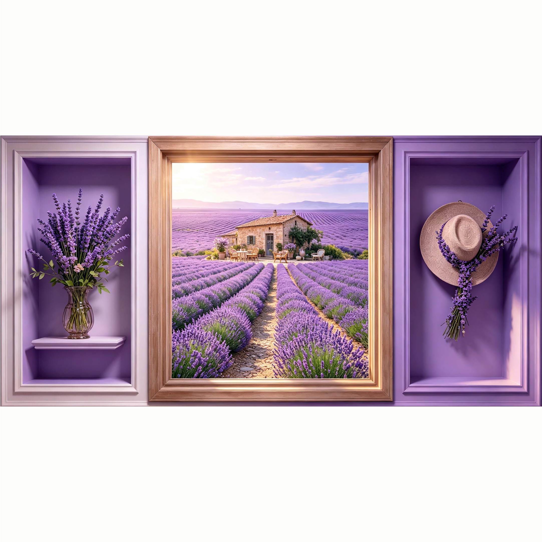 QZLITHOTIC 50x100cm 3D Framed Wall Art， Lavender Field Cottage Landscape Trompe l'oeil Self‑Adhesive Mural， Water‑Activated Peel & Stick Fabric Decor Wall Decal for Bedroom Living Room