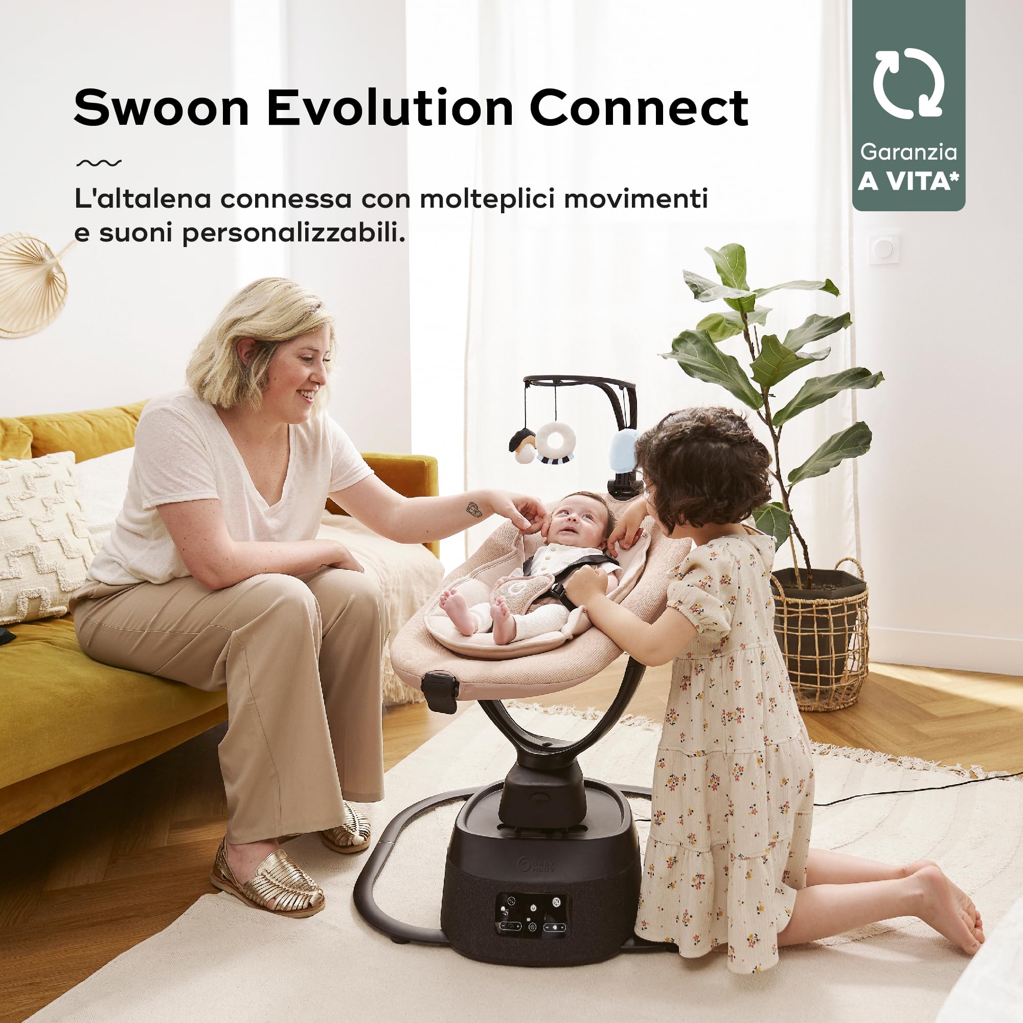 Babymoov Altalena per bambini elettrica Swoon Evolution Mocca- Connessa con applicazione mobile - Streaming musicale, registrazione di voci e ninnenanne personalizzate - Riduttore per neonato incluso