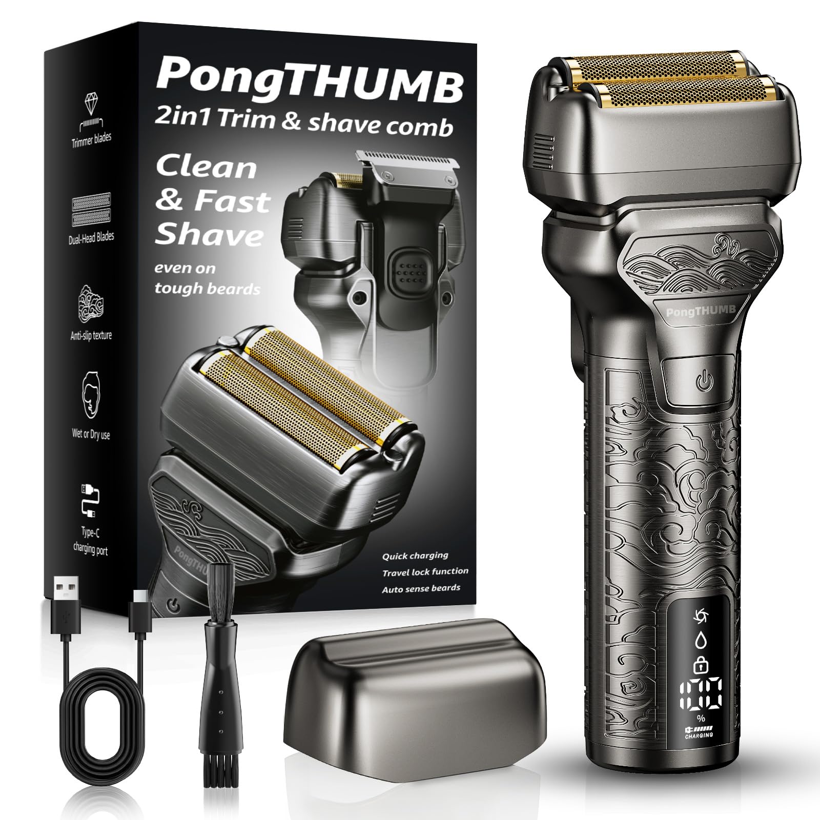 Electric Razor for Men with Pop-Up Trimmer Rechargeable Cordless Foil Shaver for Face - Wet Dry Anti-Slip Waterproof