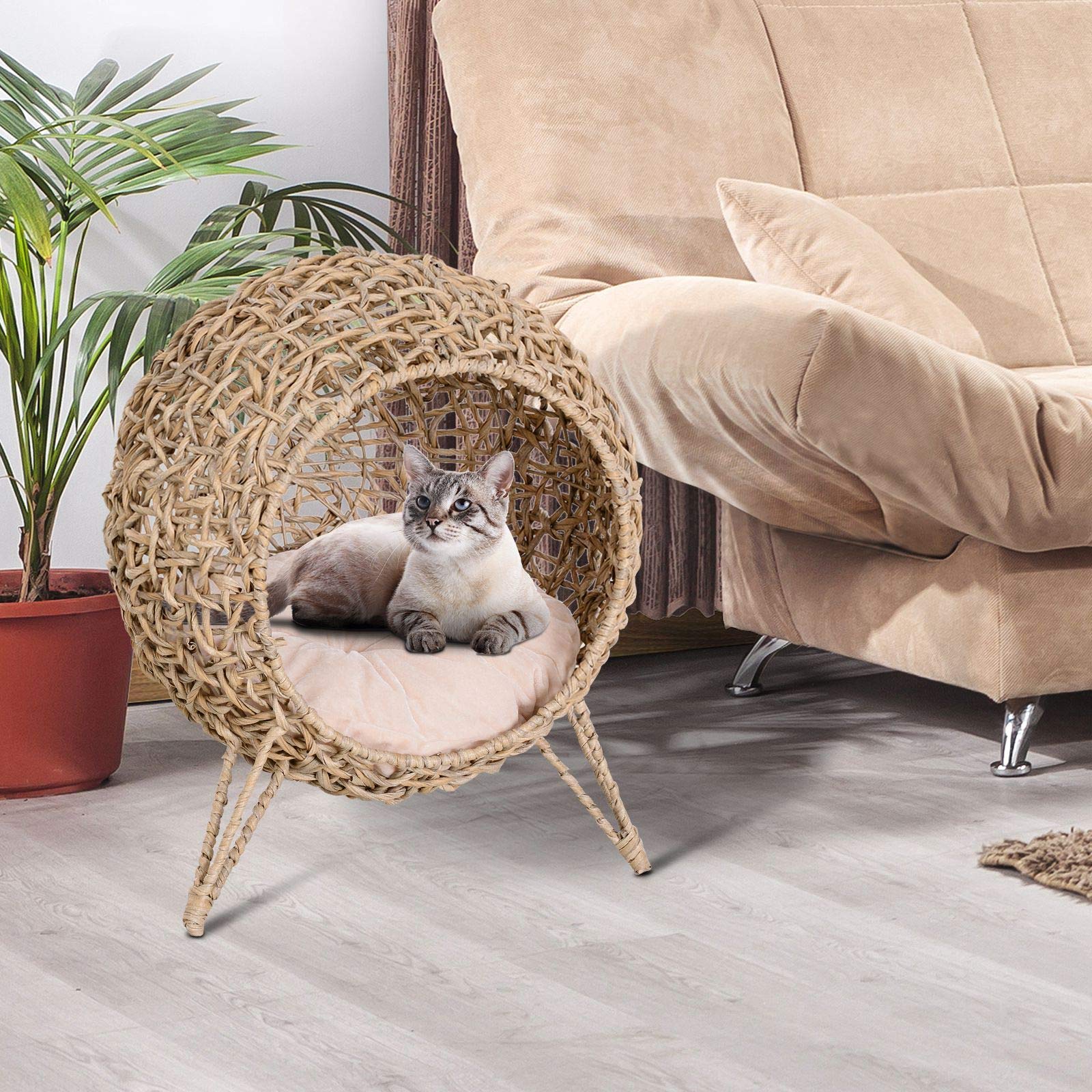 PawHut Cesta Rialzata per Gatti Fino a 10kg, Cuccia per Animali Domestici in Vimini Color Legno (Φ52x58cm)