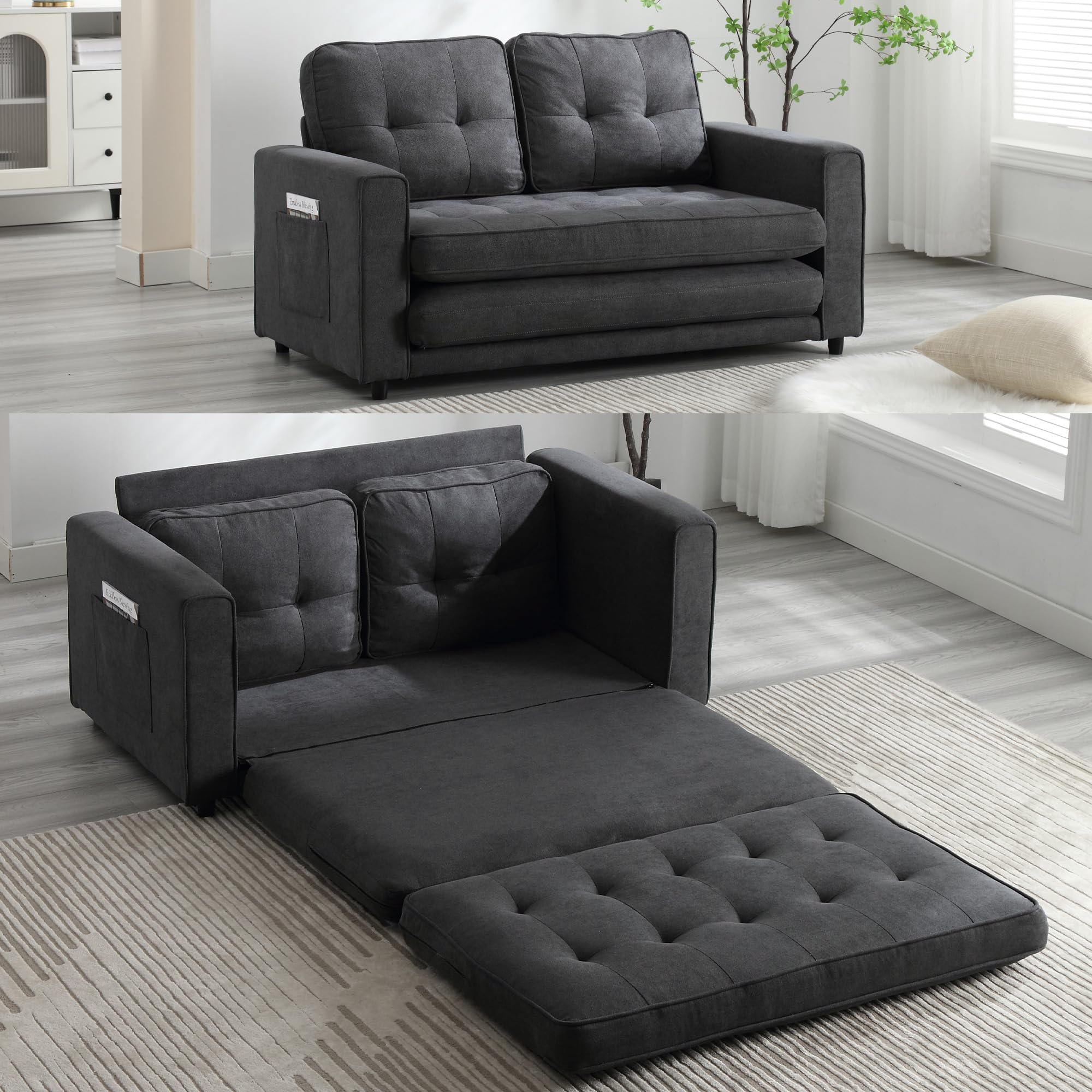 59.4" W Pull Out Couch, Modern Loveseat Sleeper Sofa Convertible Sofa Bed Chenille Floor Couch with Side Pockets & Pillows for Living Room Bedroom Apartment (Dark Grey)