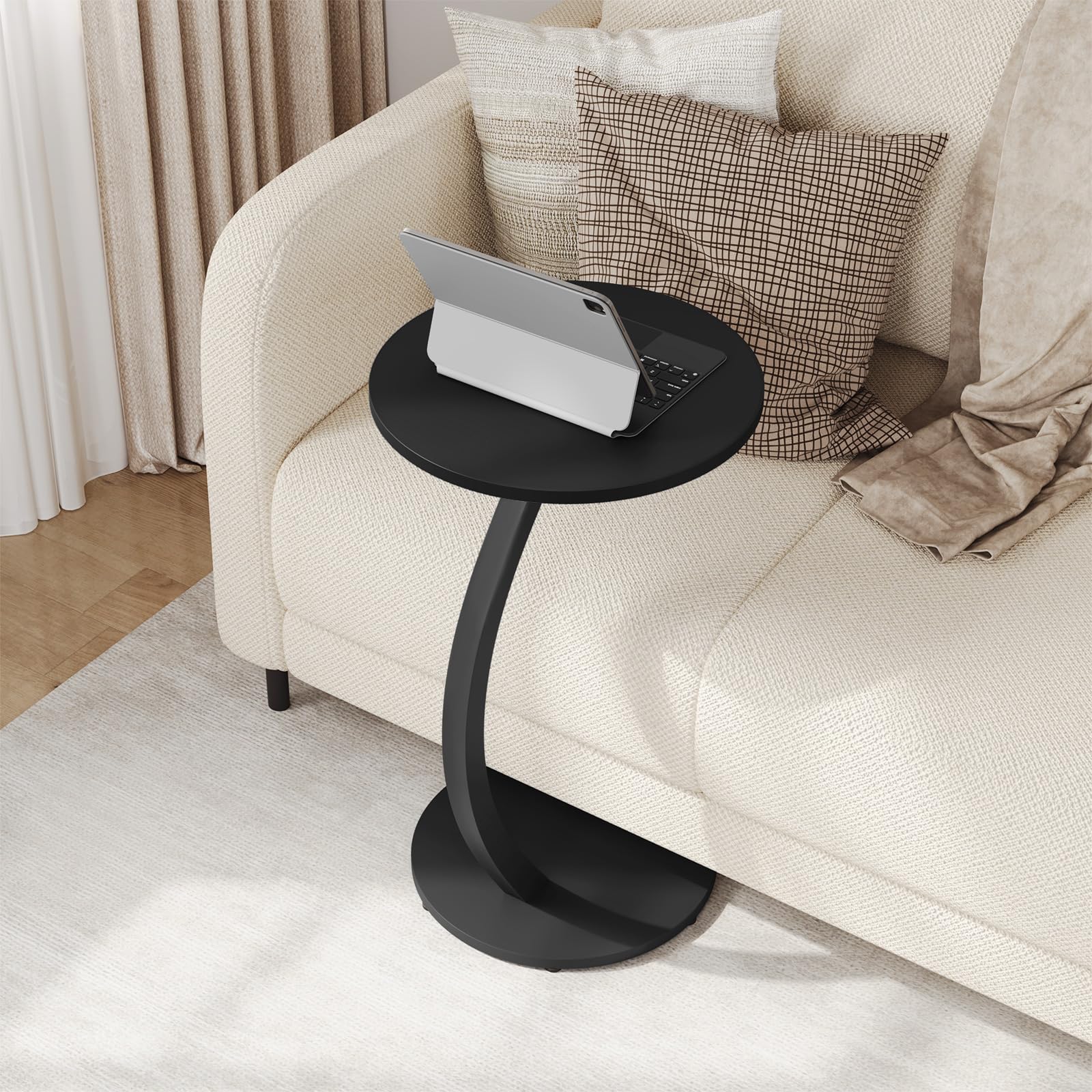 WOLTU Tavolino Rotondo a Forma di C, Tavolino per Divano Letto, con Struttura in Metallo Piano in MDF, φ40xH65 cm, Nero, BTS21sz
