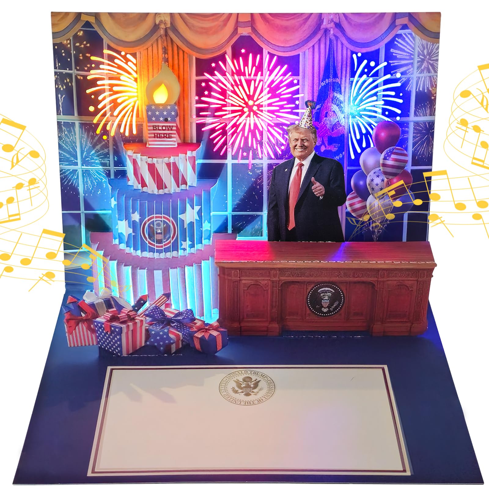 3D Pop-Up Birthday Card with Music & Light – President’s Voice Funny Greeting, Happy Birthday Song & Blow-Out Candle Effect – Unique Gift for Him &