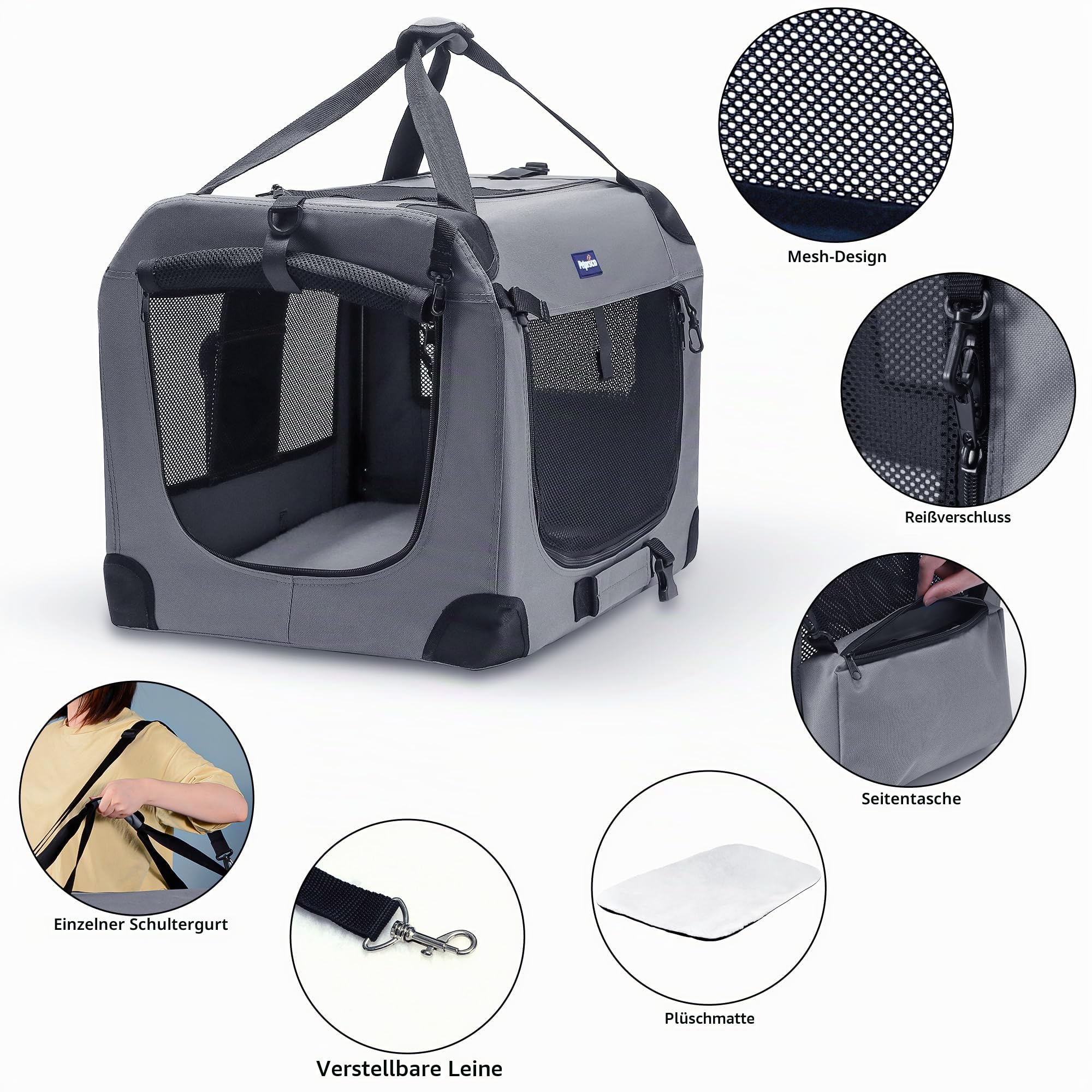 Petprsco Tragbare Faltbare Hundebox, Reise-Hundebox, 60 x 42 x 42 cm, mit weicher, Warmer Decke und faltbarem Napf für große Katzen und kleine Hunde, drinnen und draußen