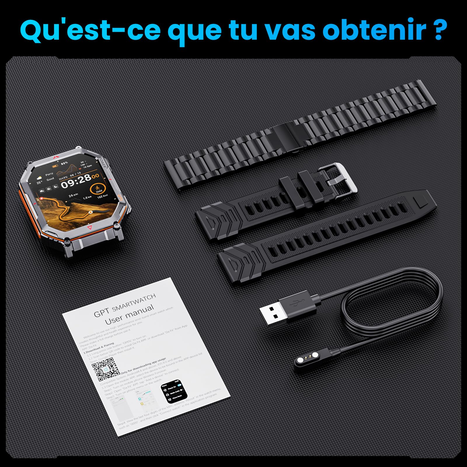 Montre Connectée Militaire en Acier 2,01 ", avec Vocal GPT/GPS/Boussole | AI Cadran Montre Intelligente, Affichage HD 2,01 "Appel Bluetooth, Compatible avec Android et iOS, 100+ Modes Sportifs GPS