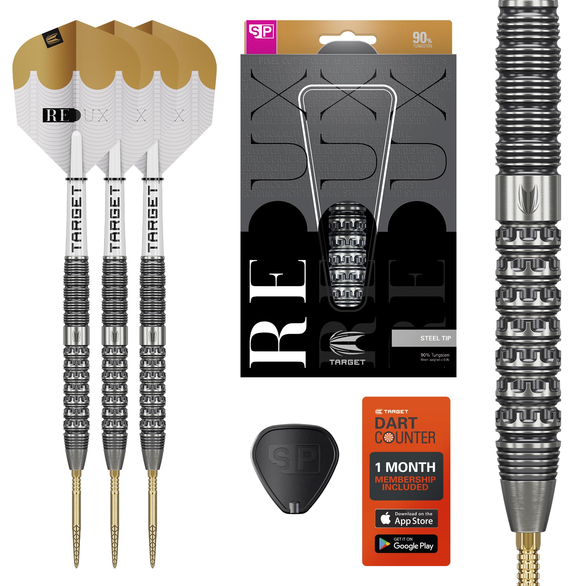 Target Darts Redux 90% Tungsten Swiss Point Steel Tip Dart Set (Barrel 01), 24G | Pro Ultra No.6 Flights & Pro Grip Tag Shafts, DX Points Gold & SP Tool Included | Professional Dart Sets