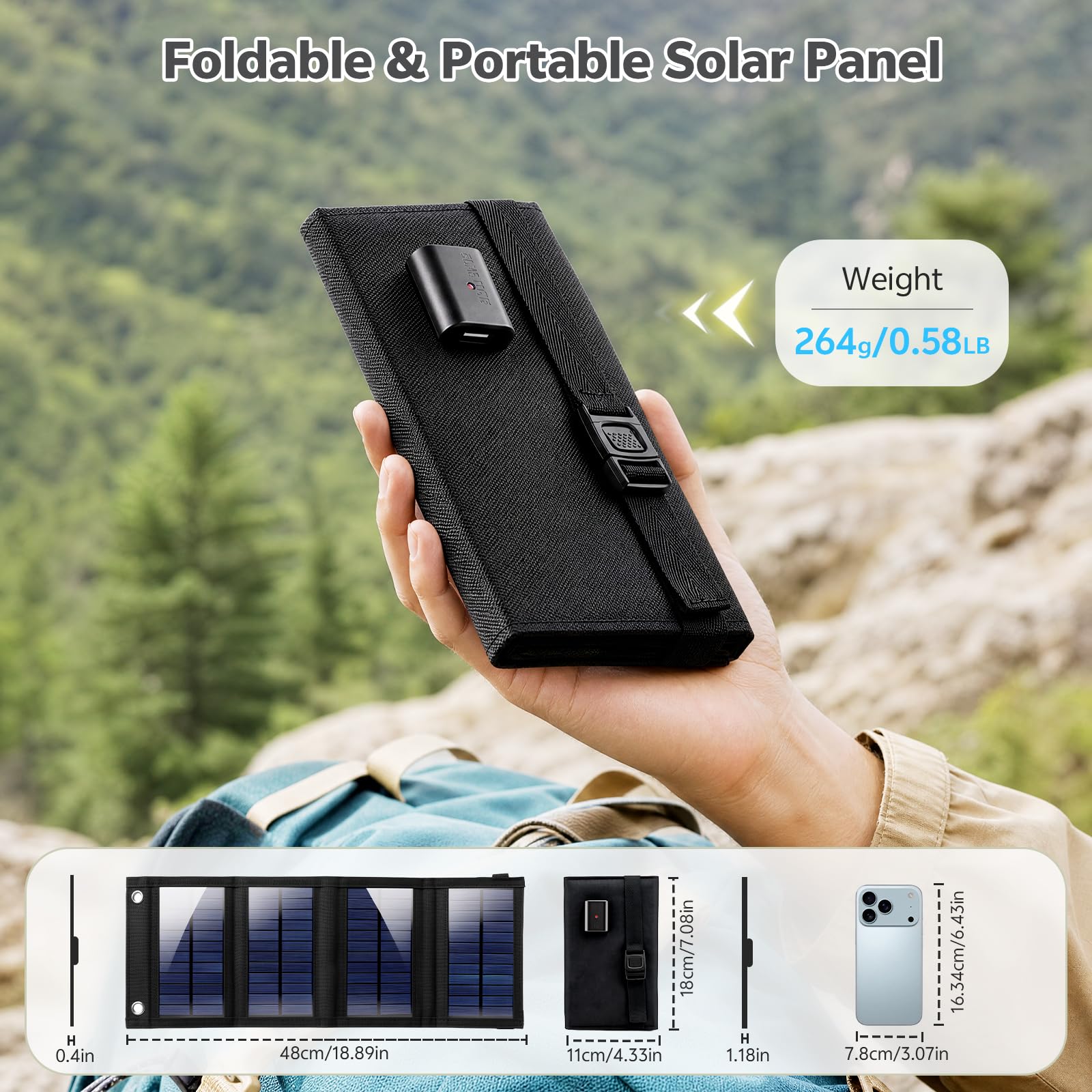 Starvortex Pannello Solare Portatile da 20W, Caricabatterie Solare Pieghevole USB 5V Impermeabile IP65 con 2 Ganci, per Telefono, Power Bank, Campeggio, Escursionismo, Emergenza