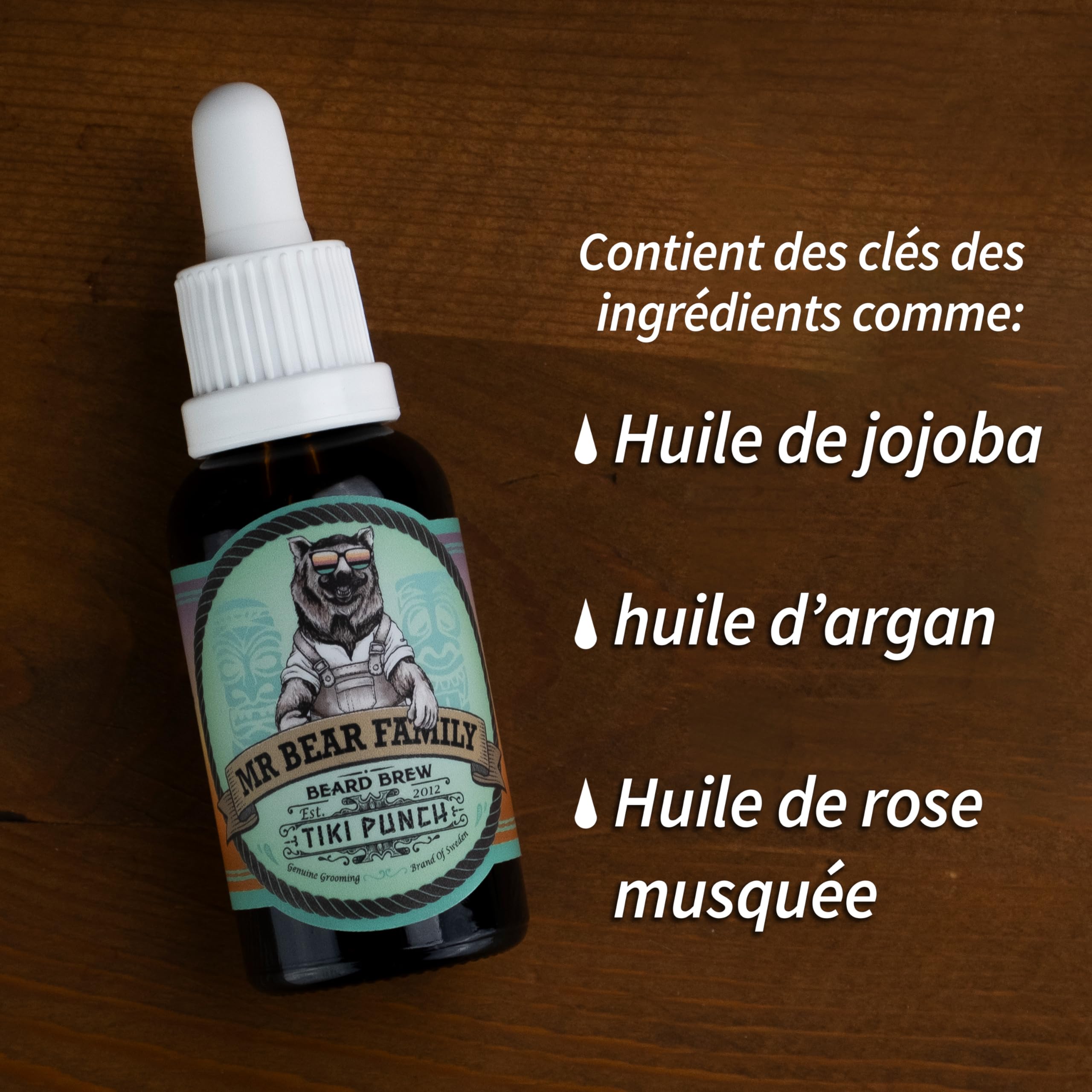 Mr Bear Family Huile Barbe Hommes - Tiki Punch - Entretient et Hydrate la Barbe - Huile Nourrissante à l’Huile de Jojoba & d’Argan - Soin Barbe Hydratant Hommes 30 ml