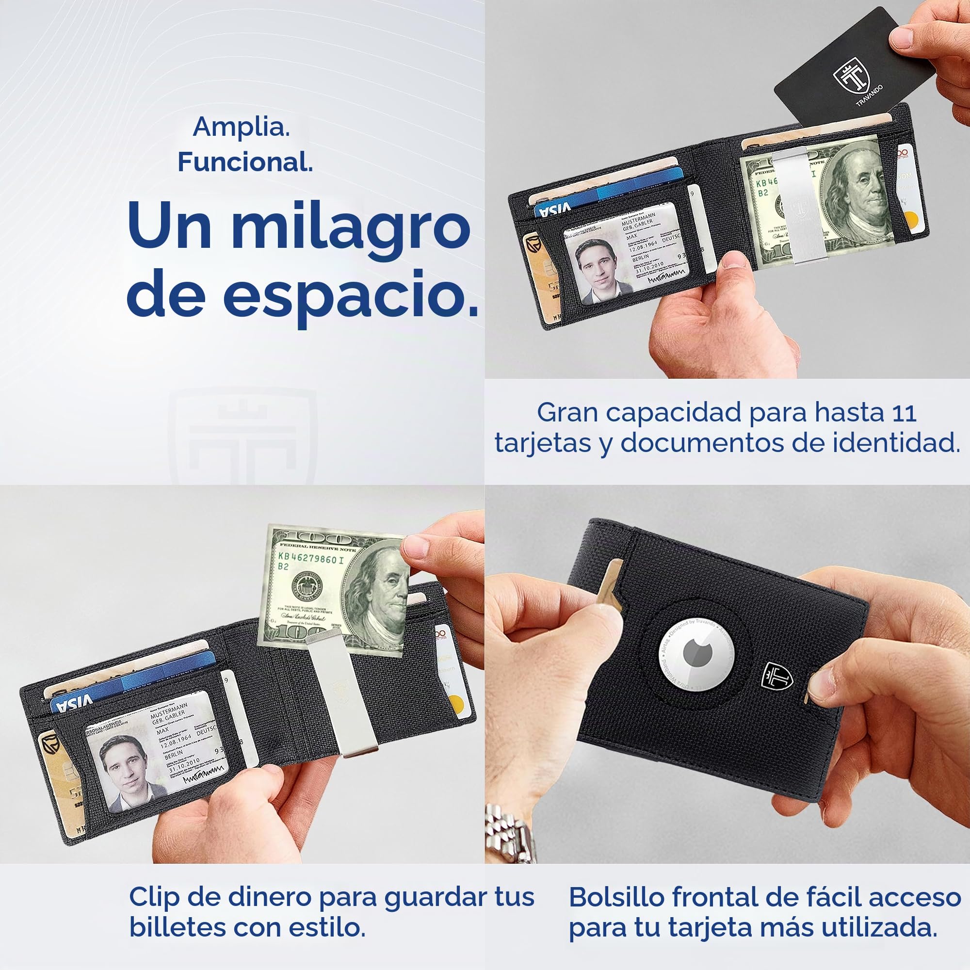 TRAVANDO AirTag* - Cartera para Hombre con Clip para Dinero, Tarjetero con Bloqueo RFID, Regalos Plegables para Hombres