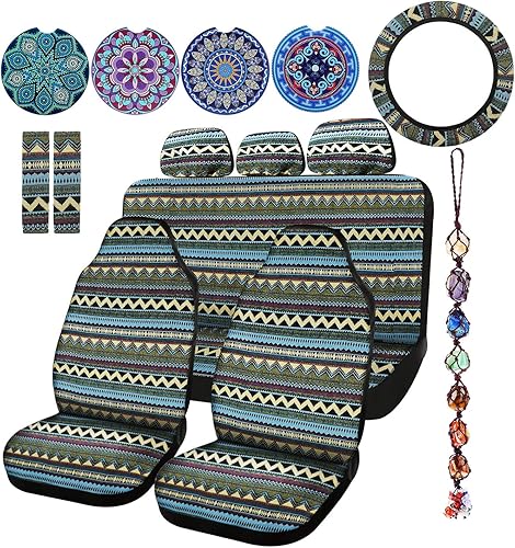 Miniatura 10 de Frienda Baja Manta de Sillín Fundas de Asiento de Coche Conjunto Completo Multicolor a Rayas Boho Funda para Volante Cojín para Cinturón