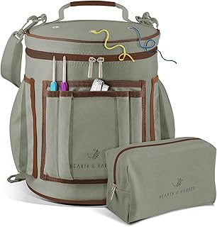 Hearth & Harbor Crochet Bag Organizer – Durable Knitting Bag, Yarn Organizer for Accessories and Supplies, Canvas Yarn Holder, Crochet Carrying Case with Accessories Pouch, Storage Organizer – Green