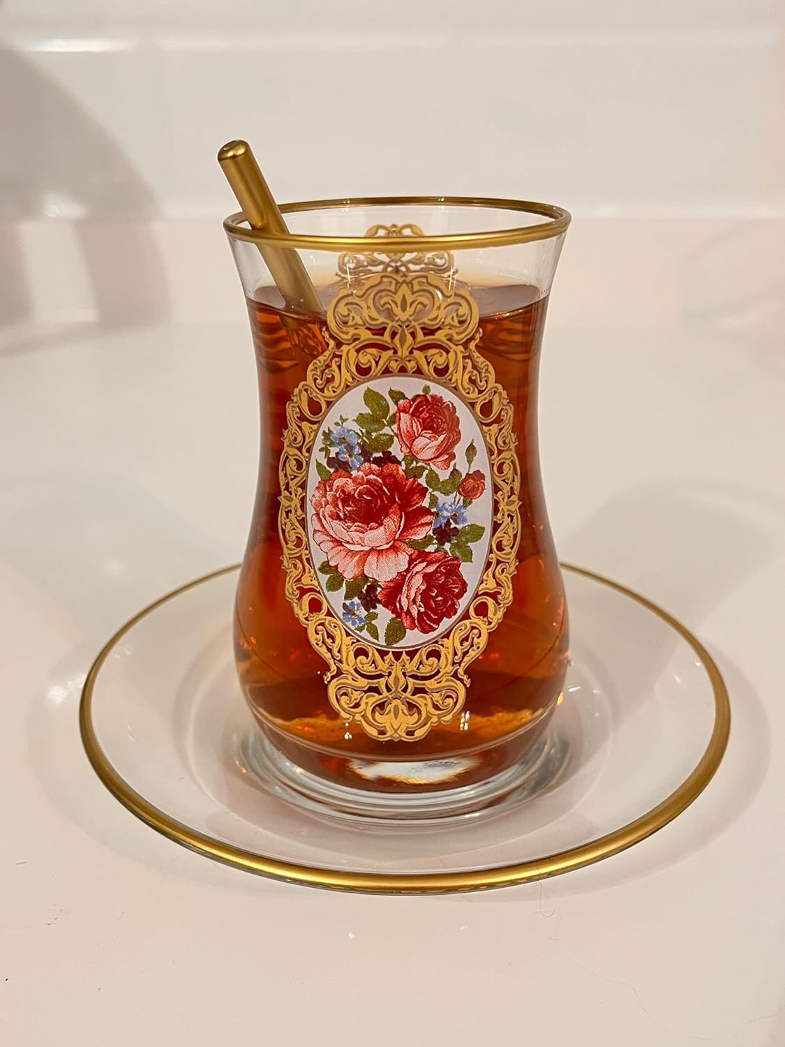 Handcrafted Turkish Tea Glasses with Saucers, Old Fashioned Turkish Tea Cups, Vintage Tea Glass Set of 6, Women's Party Arabic Fancy Drinkware, Vintage Persian&moroccan Glass (Golden Rose Patterned)