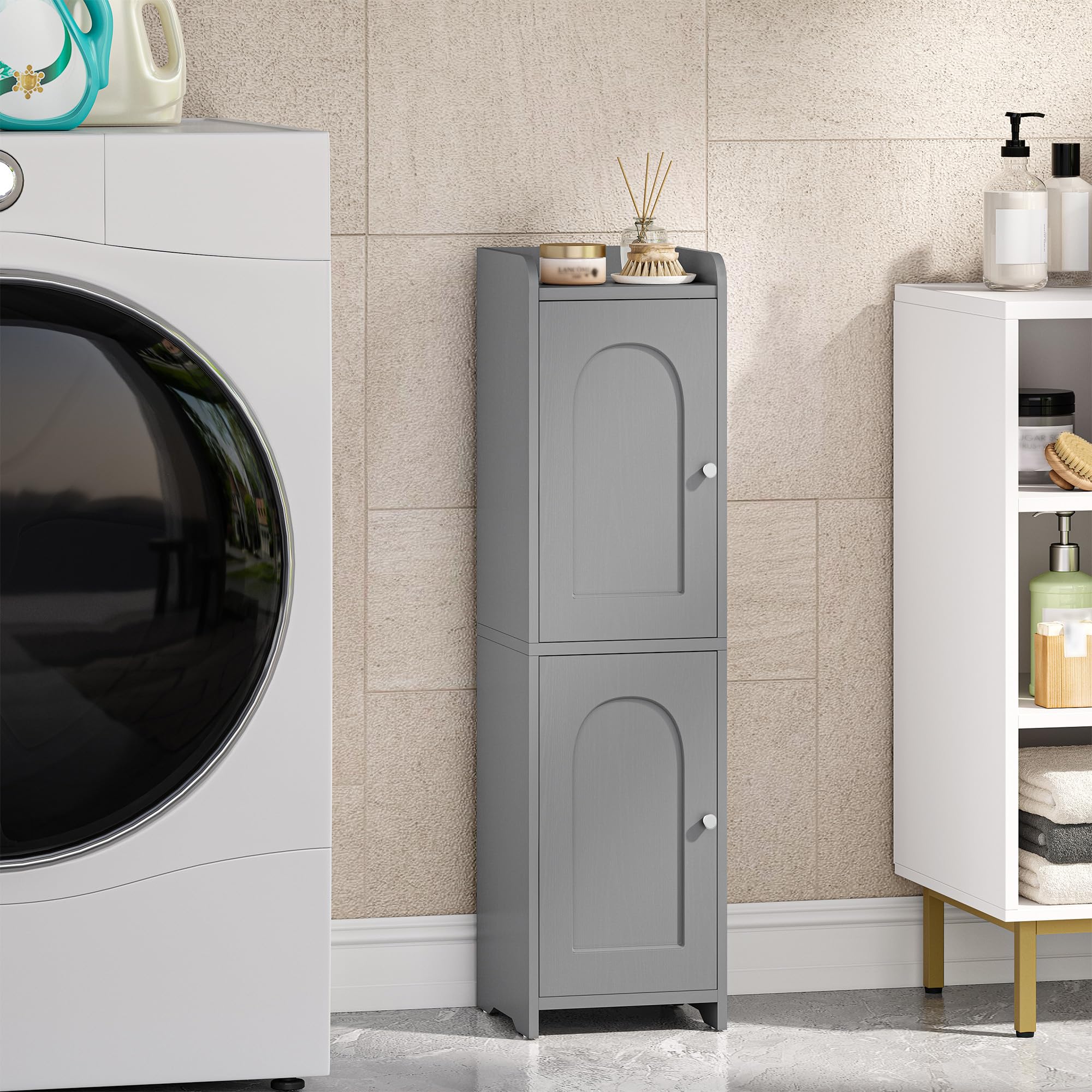 Bathroom Storage Cabinet, Small Corner Floor Cabinet with 2 Doors and Adjustable Shelf, Narrow Toilet Paper Cabinets, Bathroom Organizer for Small Spaces, 7.9" D x 7.9" W x 29.5" H Gray