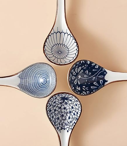 Miniatura 2 de Juego de 4 cucharas de sopa de cerámica, cuchara de sopa asiática, cuchara larga china de ramen, cucharas de sopa japonesas para Pho, Wonton,