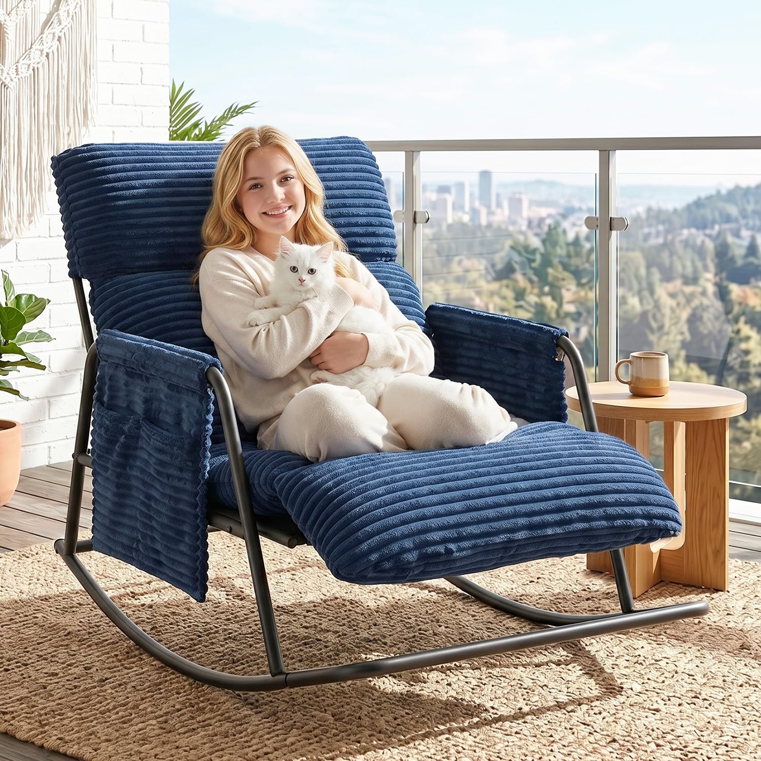 Photo 1 of ***MISSING HARDWARE***
PATAVOT Oversized Outdoor Rocking Chair with Corduroy Cushions, 3-Level Adjustable Metal Patio Rocker with Footrest, Comfy Modern Lounge Chair for Porch, Balcony, Indoor(Navy)