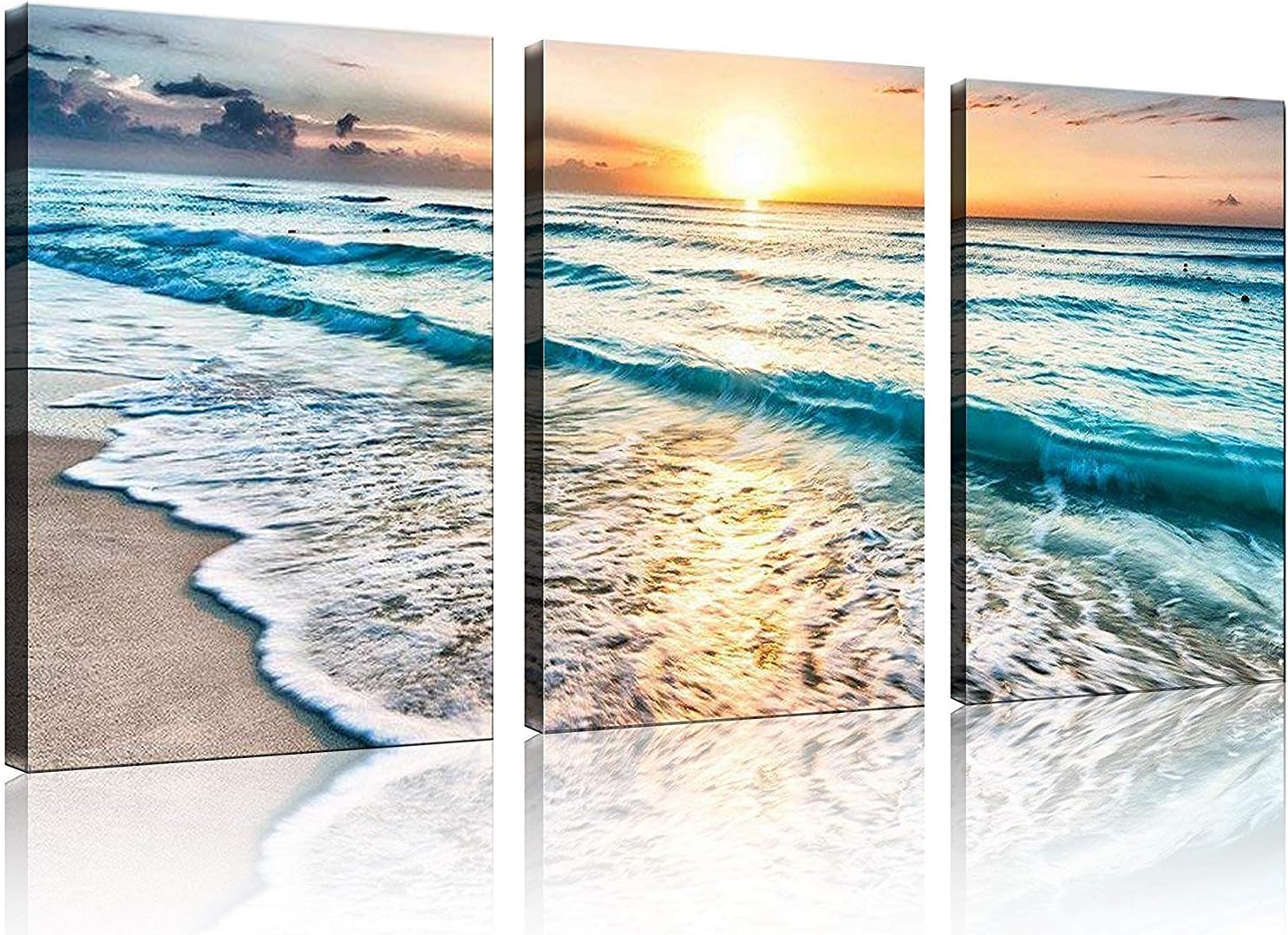 TutuBeer 3 Panel Canvas Wall Art for Home Decor Blue Sea Sunset White Beach Painting the Picture Print on Canvas Seascape the Pictures For Home Decor Decoration,Ready to Hang