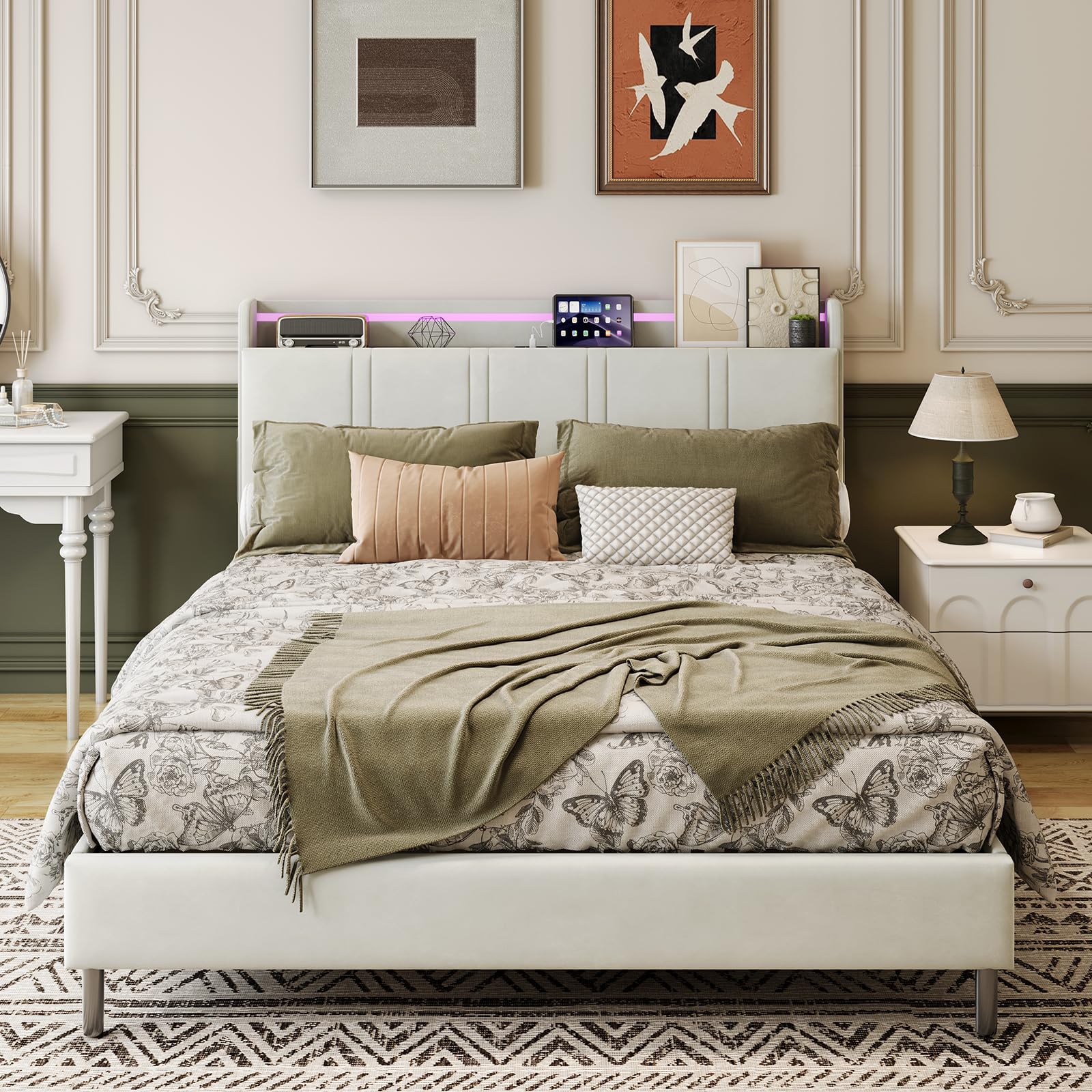 Camas Matrimoniales 160x200 con Tira LED y USB C, Cama Tapizada en Terciopelo con Cabecero Almacenaje Multifuncional, cama Matrimonio con Somier 160x200 Madera,Marco Metálico,Estable500kg,Beige