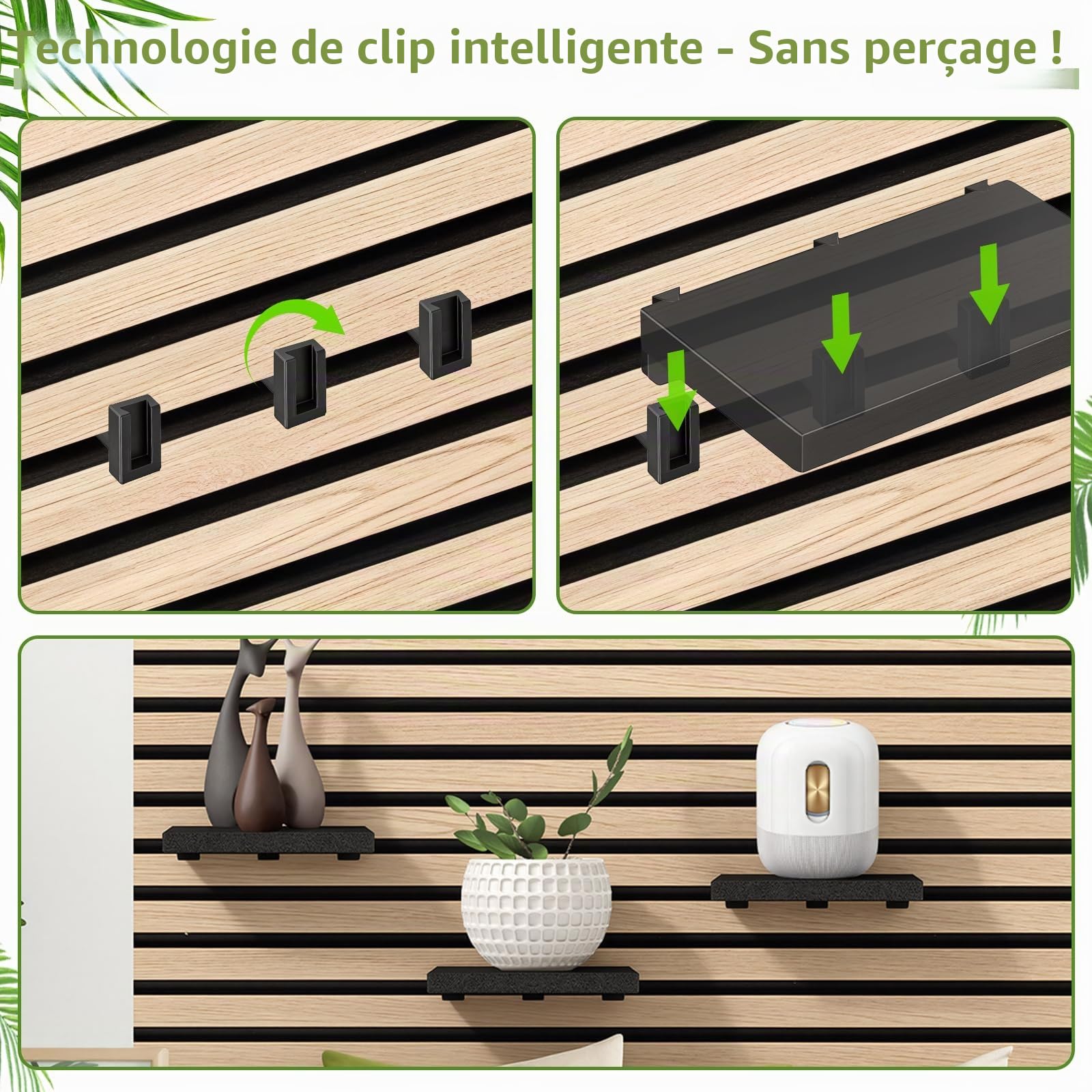 Meetory Étagère pour panneaux acoustiques - 2 pièces accessoires Panneaux acoustiques sans perçage Organisateur mural Étagère pour lattes Panneaux muraux Étagère flottante Salon