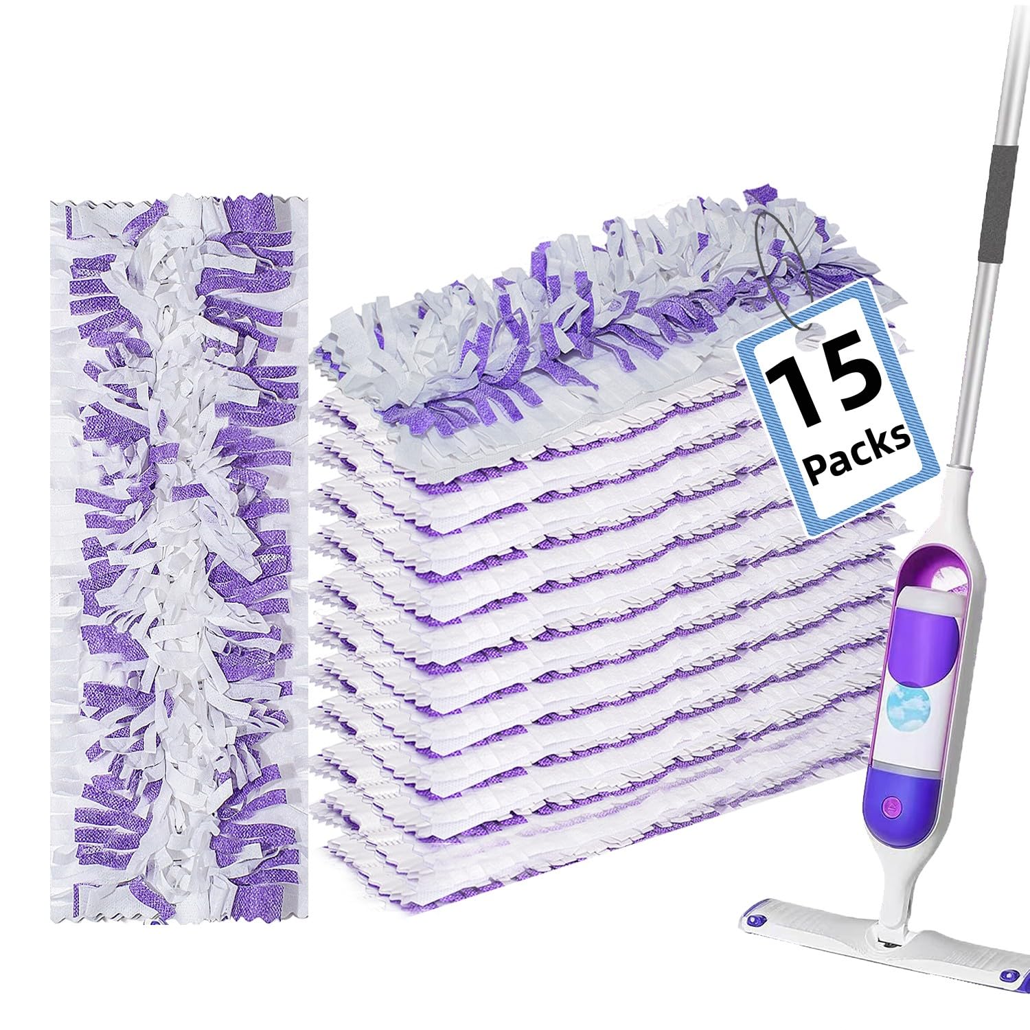 Disposable Mopping Pad Refills for PowerMop Multi-Surface Mop and PowerMop Wood Mop, Spray Clean Pads Replacement (Purple -15)