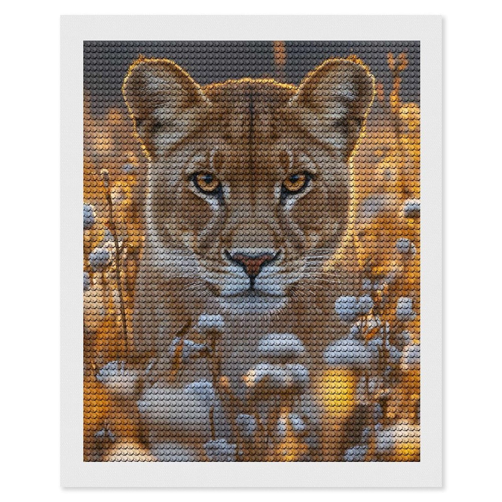 Junmoney Lioness Portrait in Golden Light DIY Diamond Art Canvas Kit 16"x20", Winter Craft, Mindful Craft Project, Aesthetic Room Decor, Decor Project
