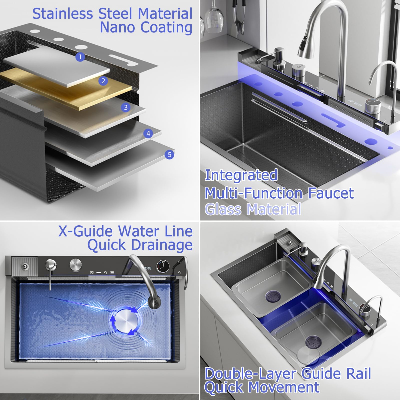 Fregadero de cocina de acero inoxidable de 75 × 46 cm con nano-revestimiento, pantalla digital de temperatura, doble cascada, encimera con tabla de cortar, fregadero doble y control de teclas de piano
