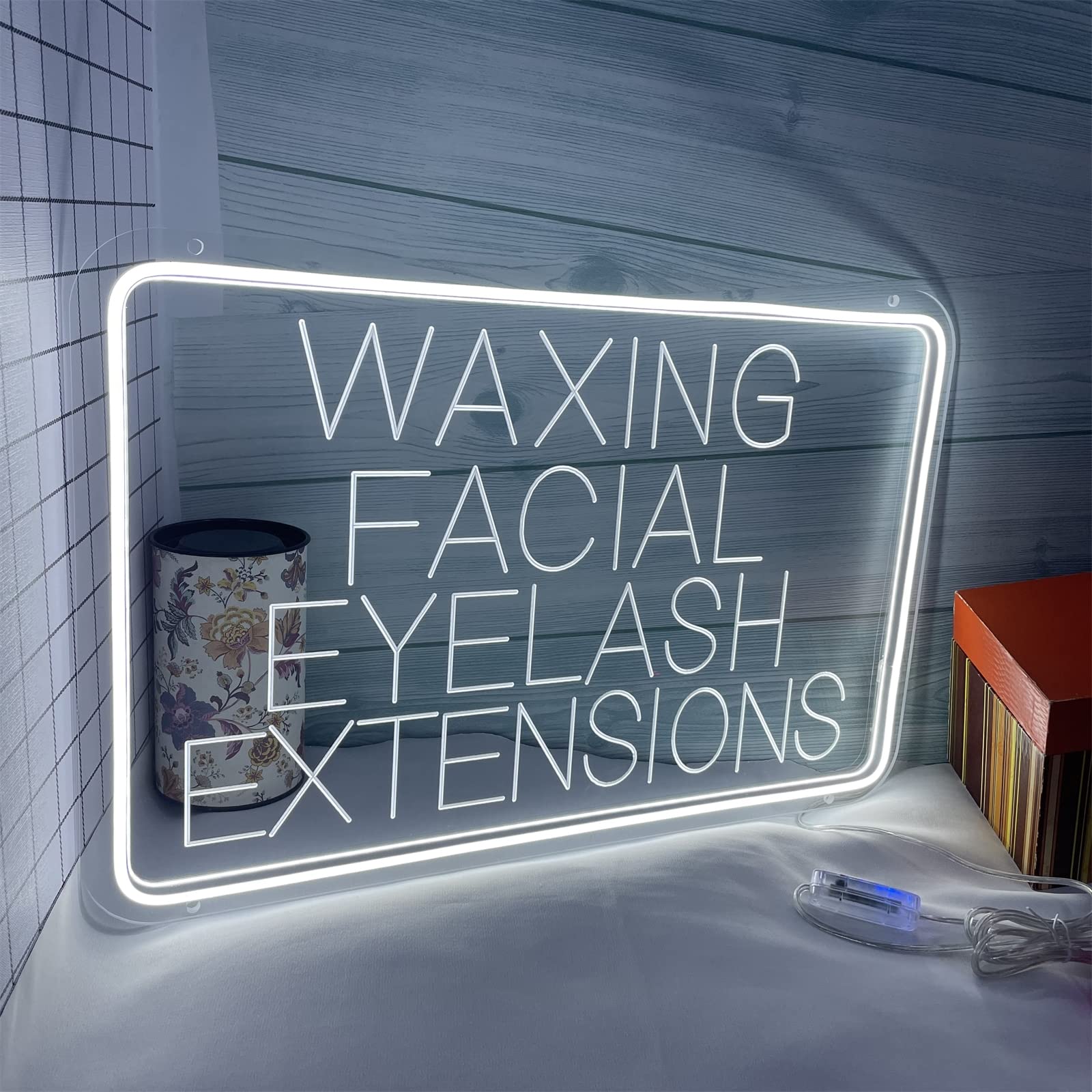Depilación de pestañas faciales letrero de neón LED, luces de neón de grabado USB personalizadas con atenuador, para pestañas de cejas cuidado facial colgando decoración regulable,Blanco,60x40cm
