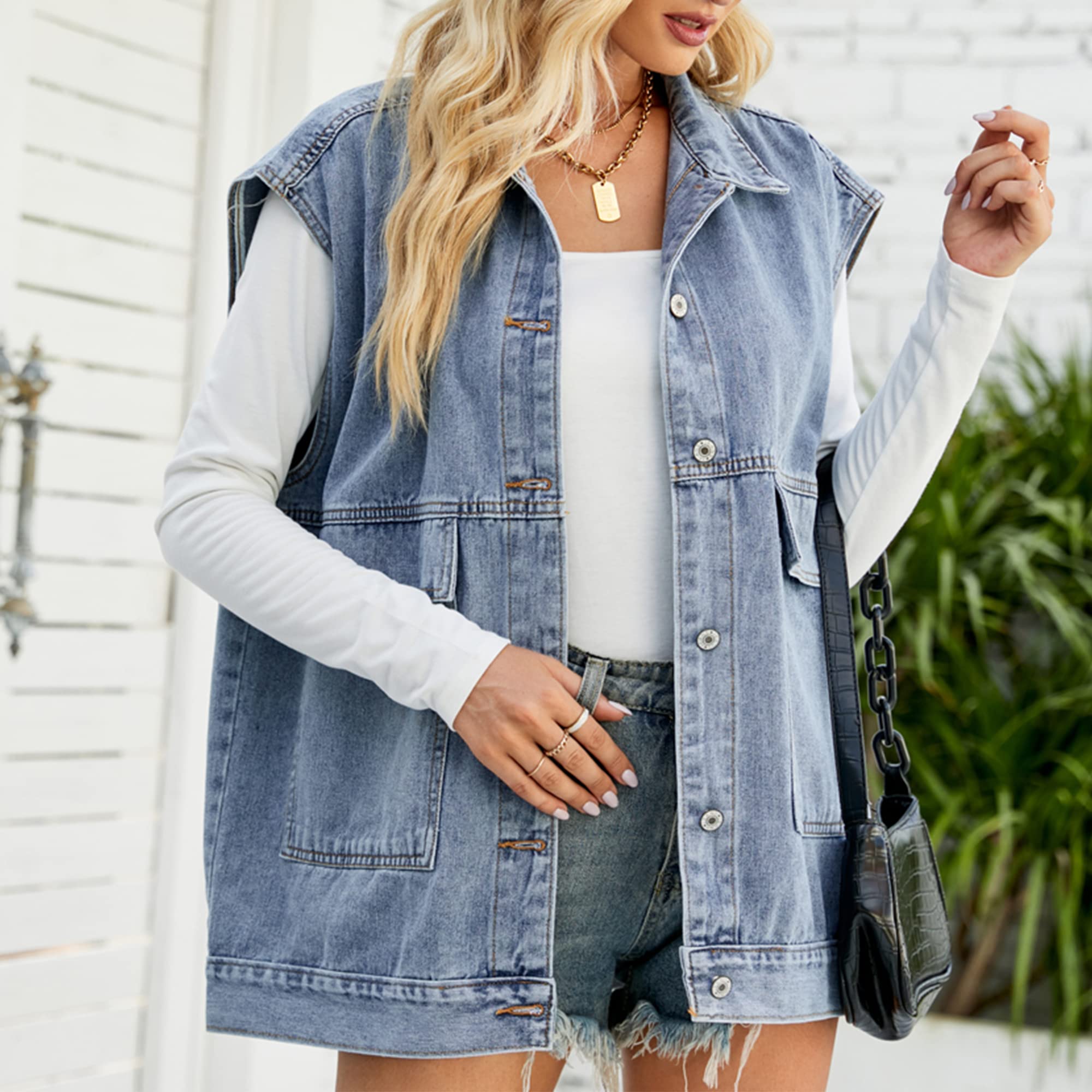 Hixiaohe Gilet in denim da donna, senza maniche, con bottoni, stile casual, con risvolto e cappuccio rimovibile
