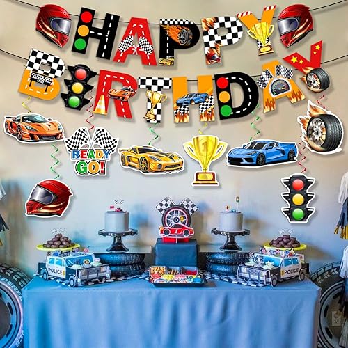 Miniatura 8 de KORHONEN Decoraciones de fiesta de auto de carreras, decoraciones de fiesta de cumpleaños de coche de carreras, incluye pancarta de feliz cumpleaños