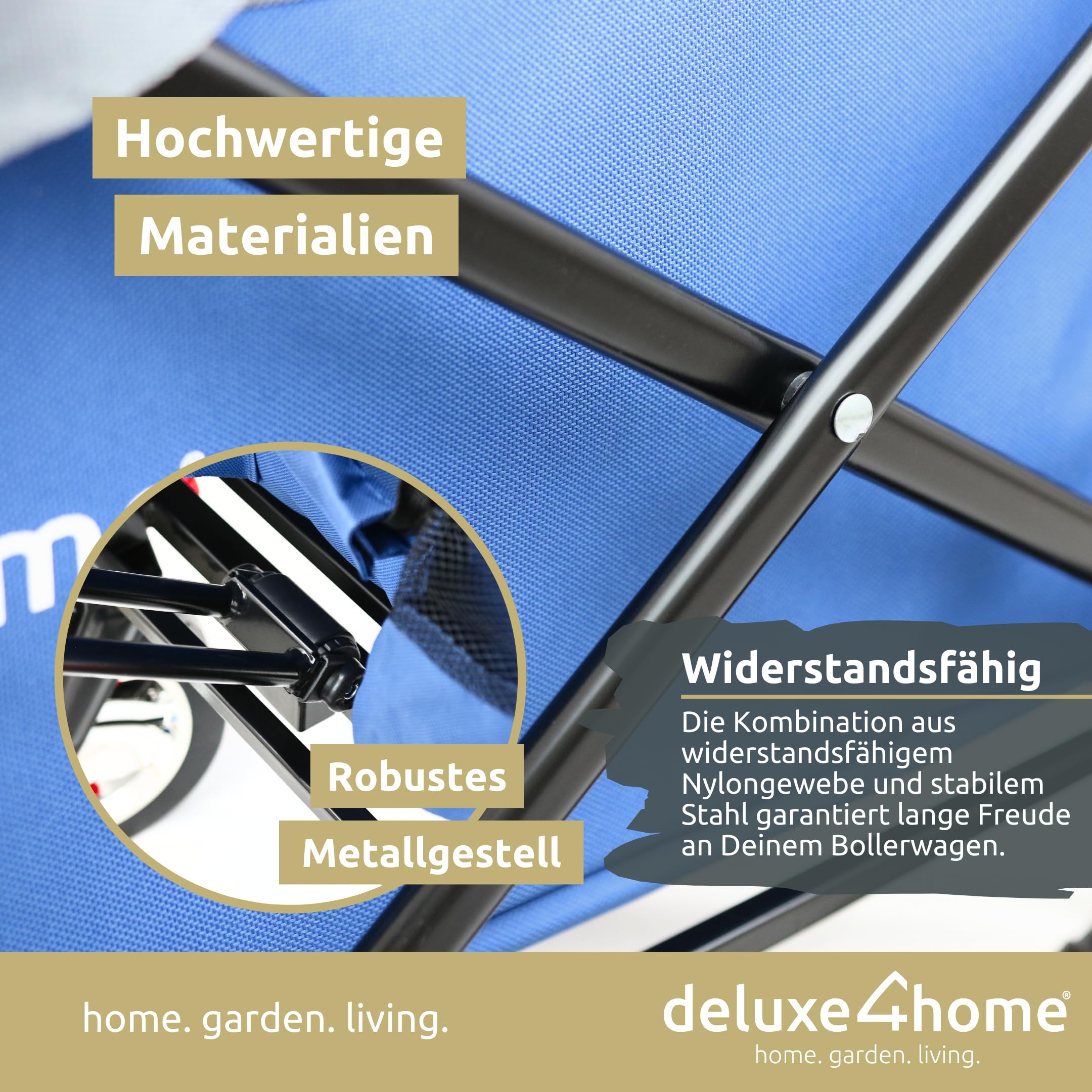 Bollerwagen mit Dach Faltbar Blau I Handwagen Transportwagen bis 80 kg I Breite Reifen Trolley Bremsen I Robuster Wagen Kinderwagen Strandwagen