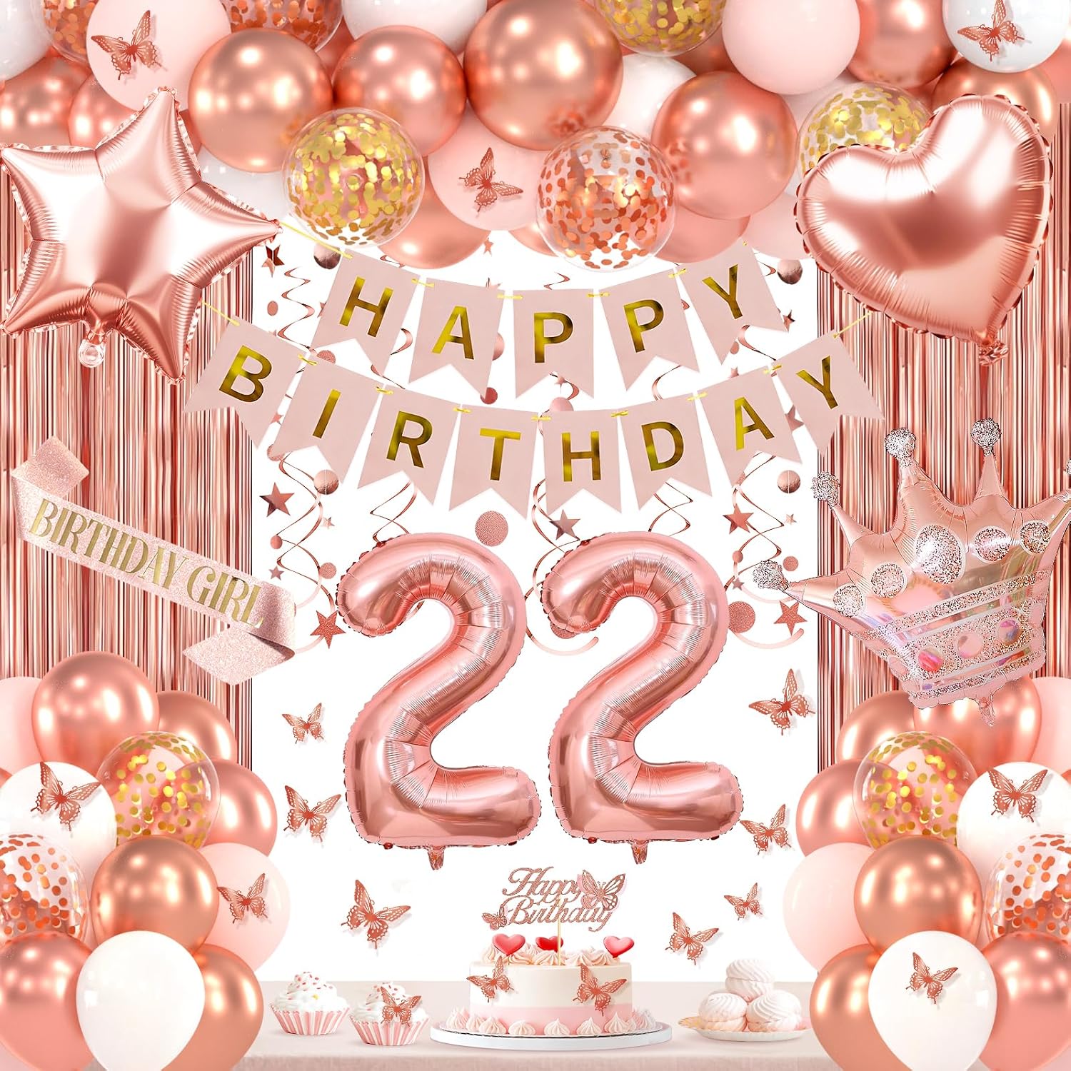 22nd Birthday Decorations for Women, Rose Gold 22 Birthday Party Decorations Include Heart Star Foil Confetti Balloons, Rose Gold Fringe Curtain, Hanging Swirls