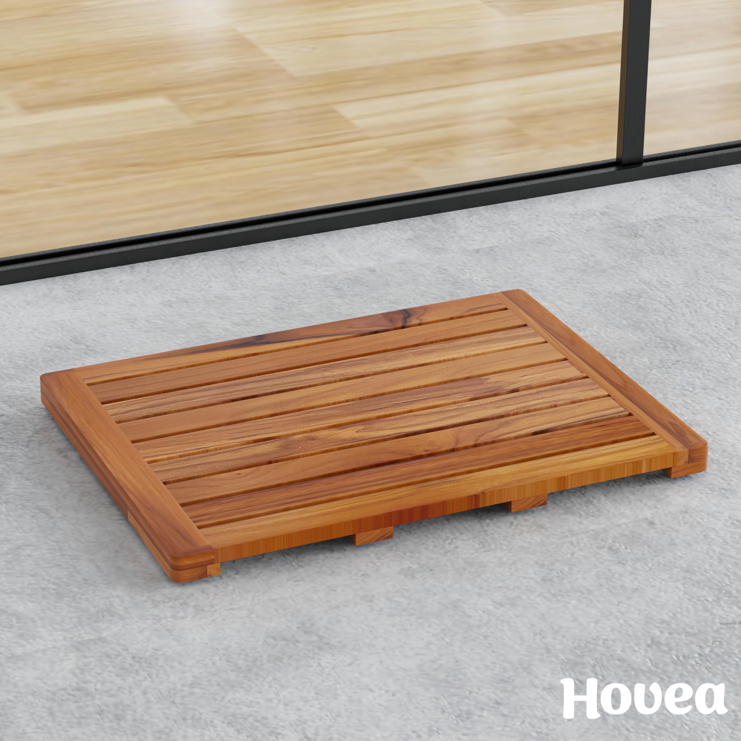 Caillebotis de Douche 61 x 45 cm - en Bois de Teck - Résistant à l’Humidité, Anti-Moisissures - Tapis de Salle de Bain Rectangulaire - Intérieur, Extérieur - Antidérapant - CB6145