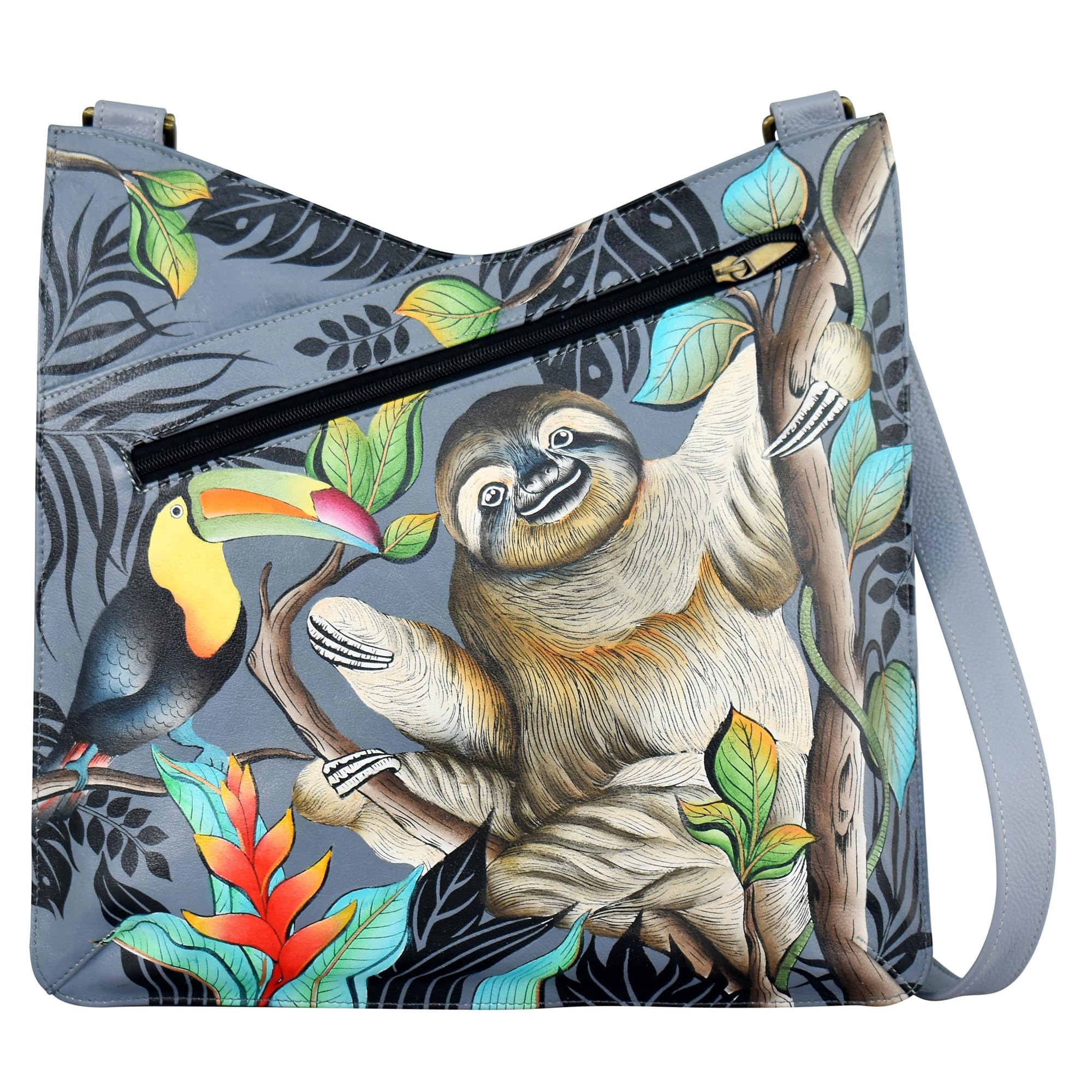 Anna by Anuschka Original Hand-Painted V Top Large Crossbody-Leather Handbag for Women, Rainforest Friends
