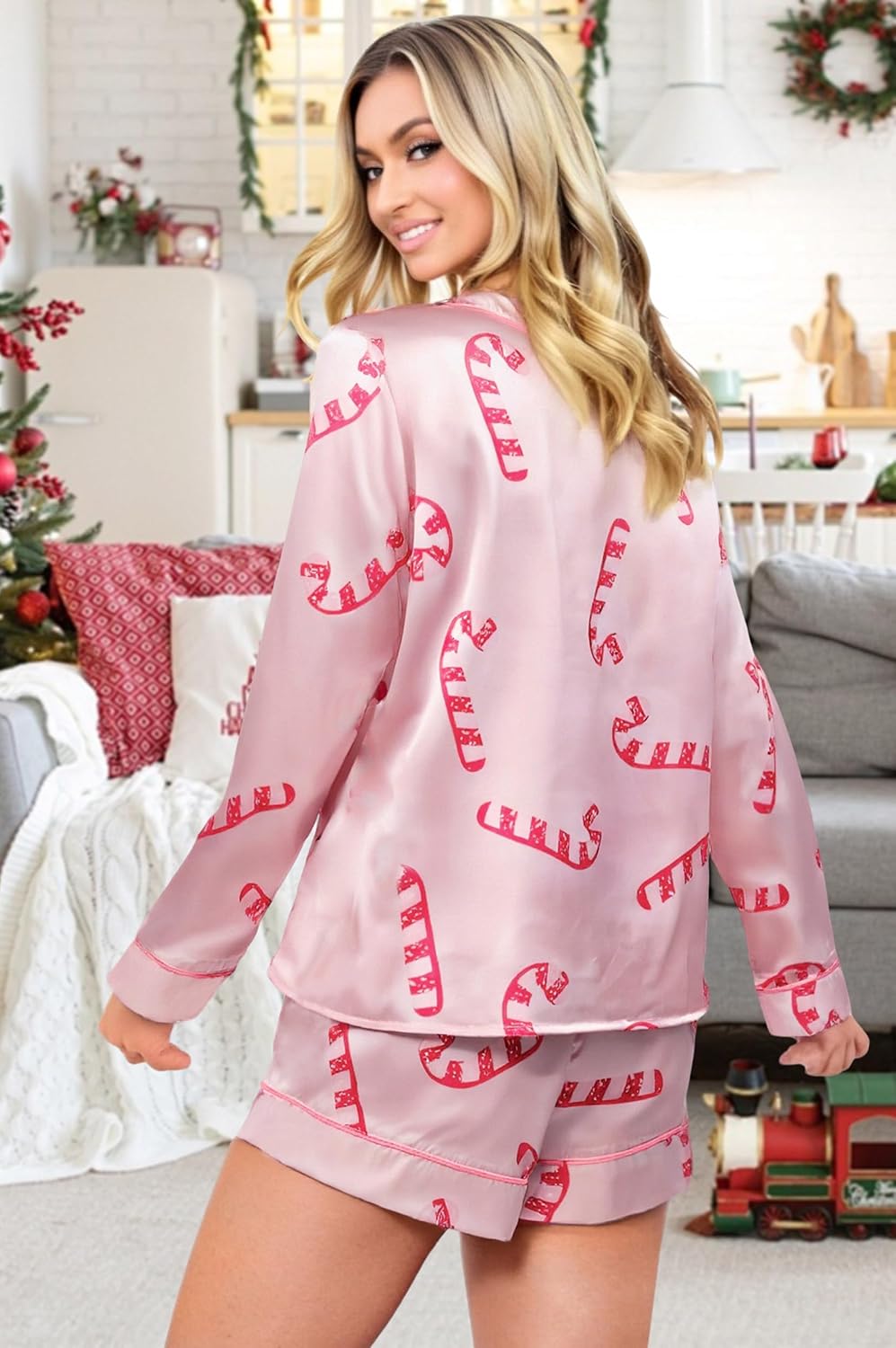 MYHALF Christmas Santa Pajama Set Women Christmas Pajamas Xmas Long Sleeve Sleepwear 2 Piece Button Down Pjs Lounge Set - Image 3