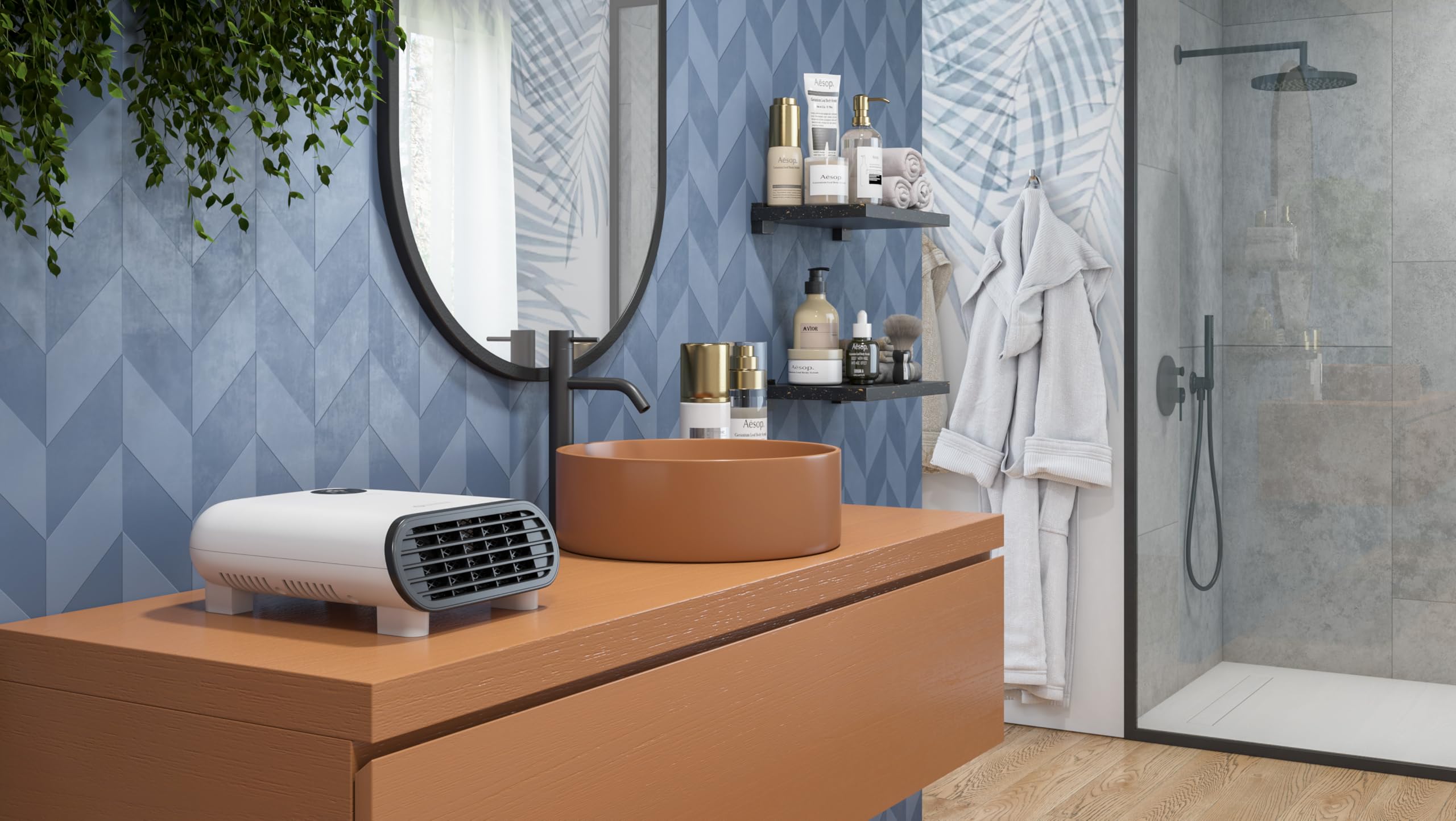 Olimpia Splendid Caldo Duo – termowentylator do montażu na stole lub ścianie, do 2000 W, ochrona IP21, rozpoznawanie otwartego okna, tryb Eco i ekran dotykowy