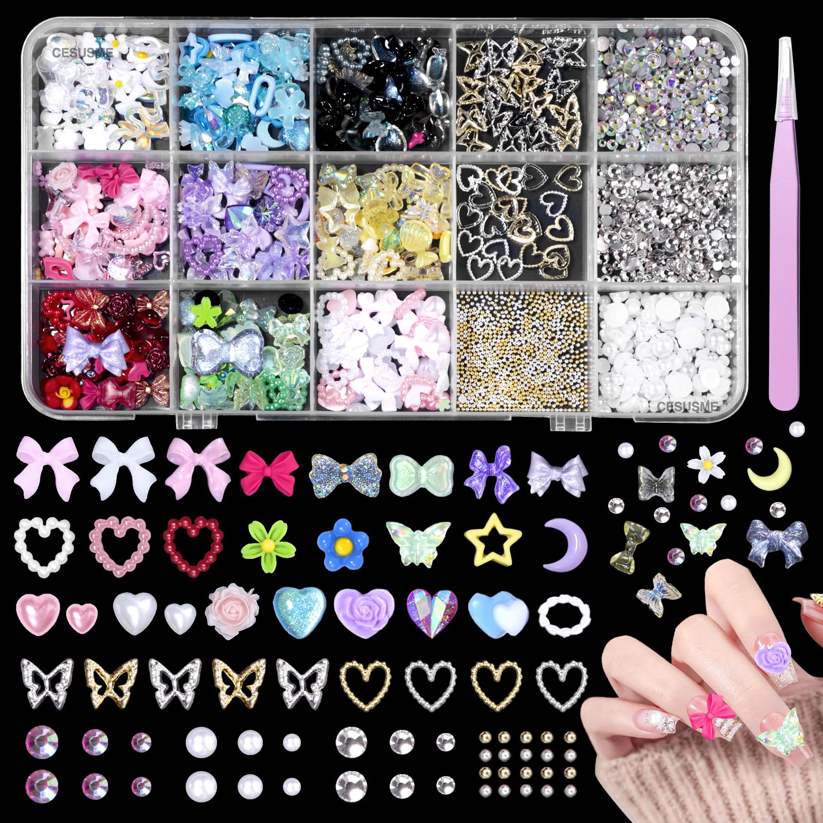 3D Color Nail Charms Gems, Assorted Bow Heart Flower Nail Charms, Half Round Nail Rhinetones Gems, Butterfly Heart Alloy Nail Jewelry Charms for DIY