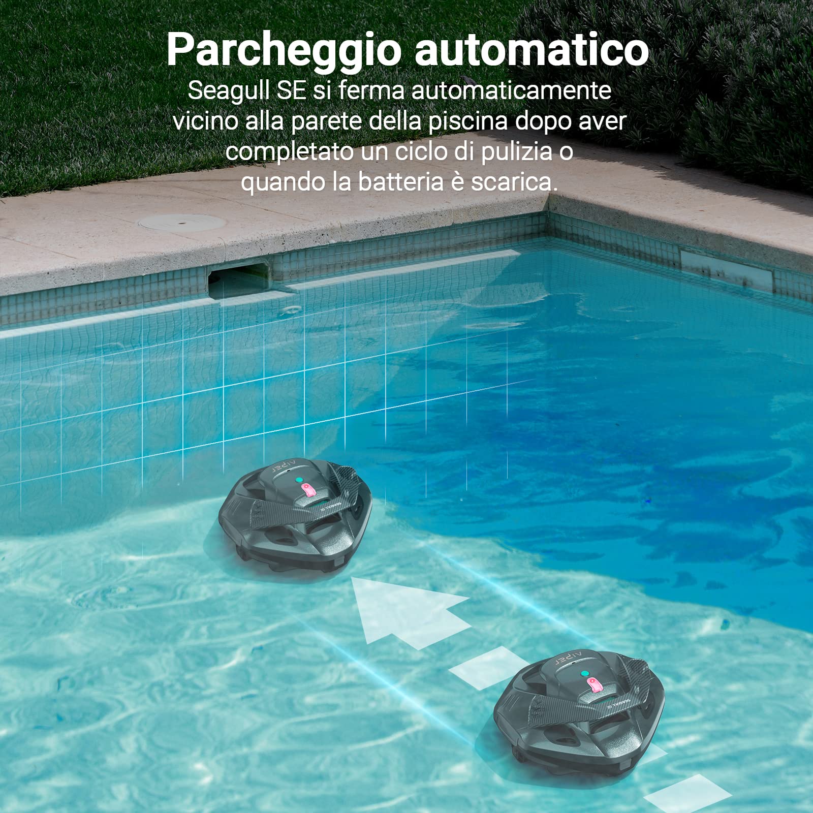 AIPER Seagull SE - Robot Piscina senza Fili, Motore Dual-Drive, Avvio One-Click, AutoParcheggio, Ricarica Veloce, Durata fino 90 min, piscine max 80 m, Gancio Recupero/2x Spazzole/2x Ruote, Grigio